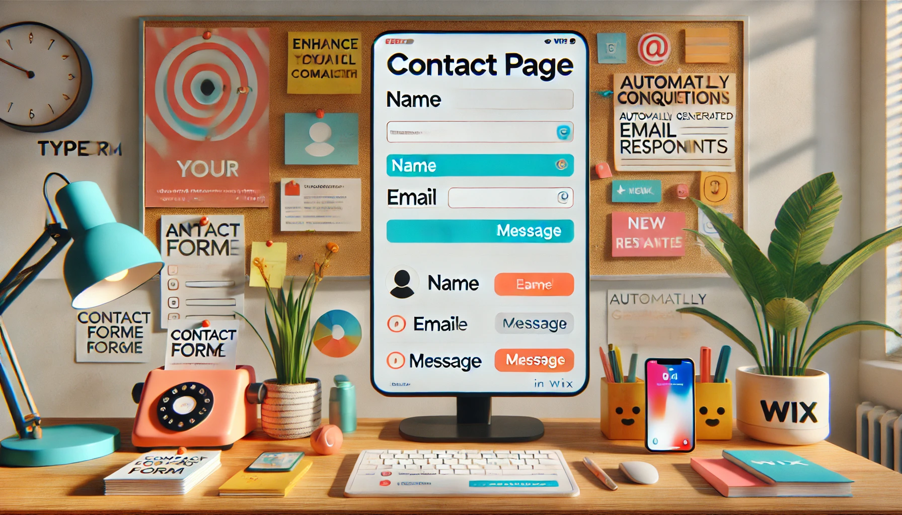 A vibrant office space showcasing the creation of a contact page using Typeform in Wix. A smart display on the wall shows a sleek contact form with fields for name, email, and message. A tablet on the desk displays real-time inquiries, while a smartphone shows notifications for new messages. Printed documents represent automated email responses. A corkboard with sticky notes outlines communication strategies, and the scene is warmed by a potted plant, colorful stationery, and motivational posters, highlighting the ease and professionalism of communication through the contact page.
