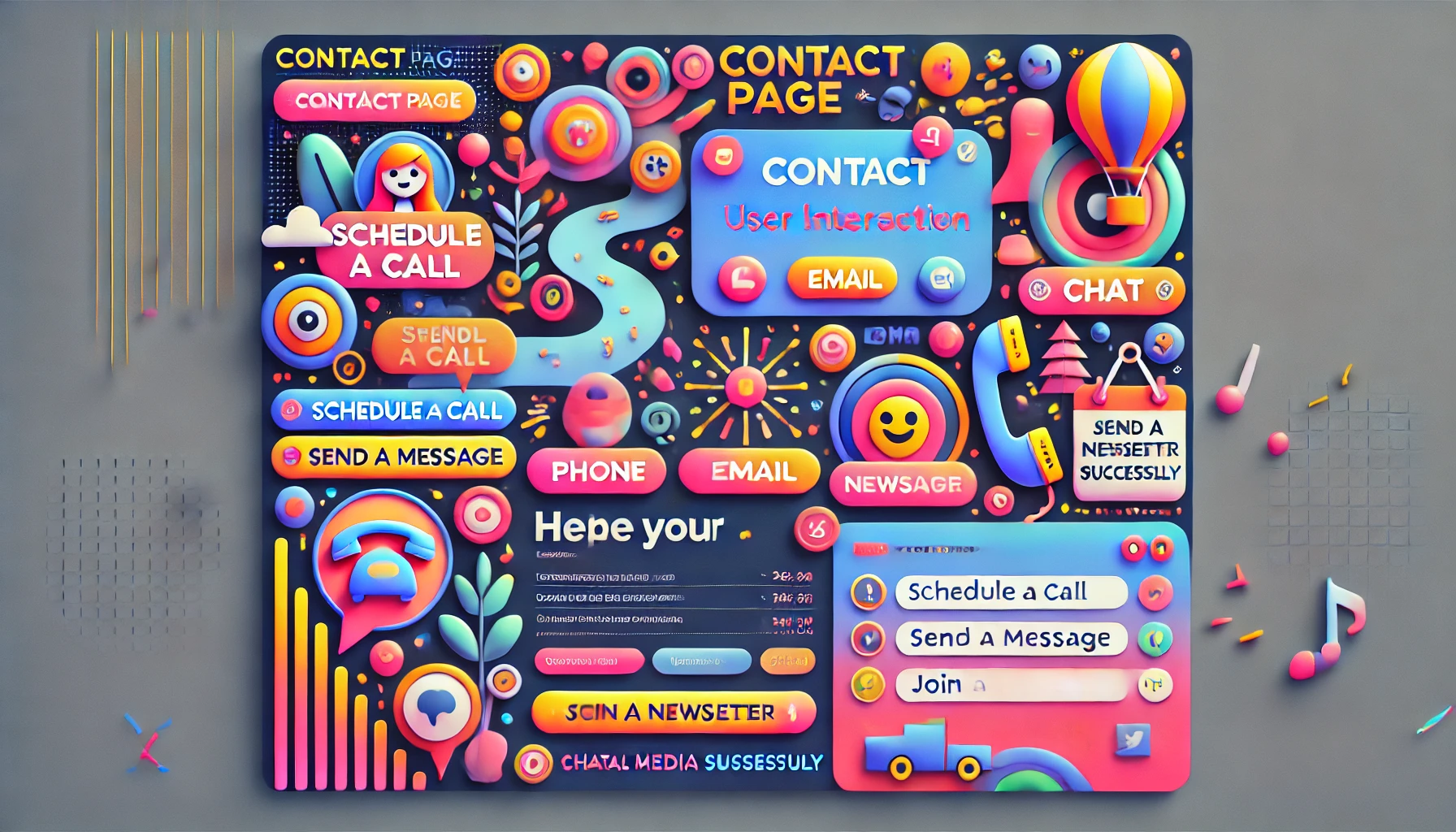 A creative, vibrant contact page designed to enhance user interaction. The page features animated icons for phone, email, and chat, along with an interactive map displaying the location. Colorful buttons prompt users to take actions like “Schedule a Call,” “Send a Message,” or “Join a Newsletter.” A chatbot widget offers instant help at the bottom, while animated banners promote social media links. Confetti animations celebrate successful form submissions. The design uses smooth transitions, rounded icons, vibrant colors, and bold typography to create a fun, engaging experience that encourages easy communication.