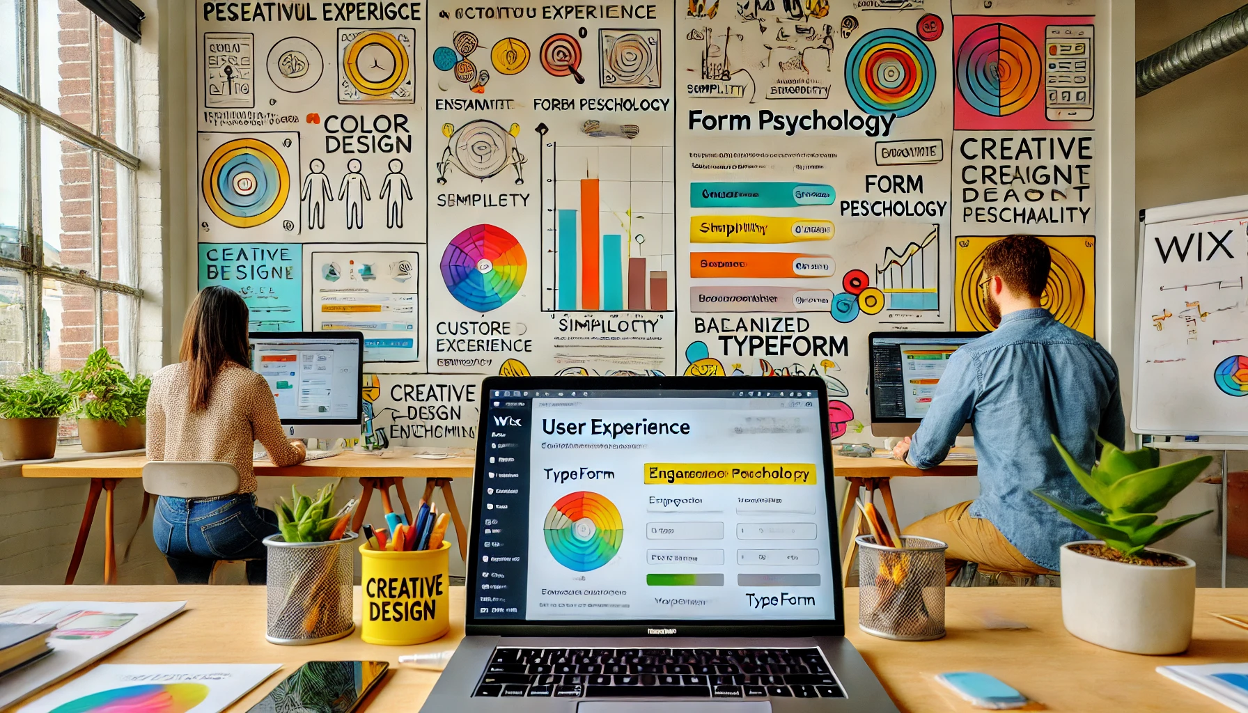 A vibrant workspace where professionals focus on user experience and form psychology, balancing engagement with functionality. Laptops display a Wix dashboard featuring a customized Typeform designed for user interaction and smooth operation. A whiteboard presents diagrams on psychological principles like color theory, simplicity, and flow, alongside engagement and completion rate metrics. Posters emphasize the importance of both creative design and usability. The collaborative environment, filled with bold colors and modern tools, highlights the careful balance between aesthetics and performance for an optimized user experience.