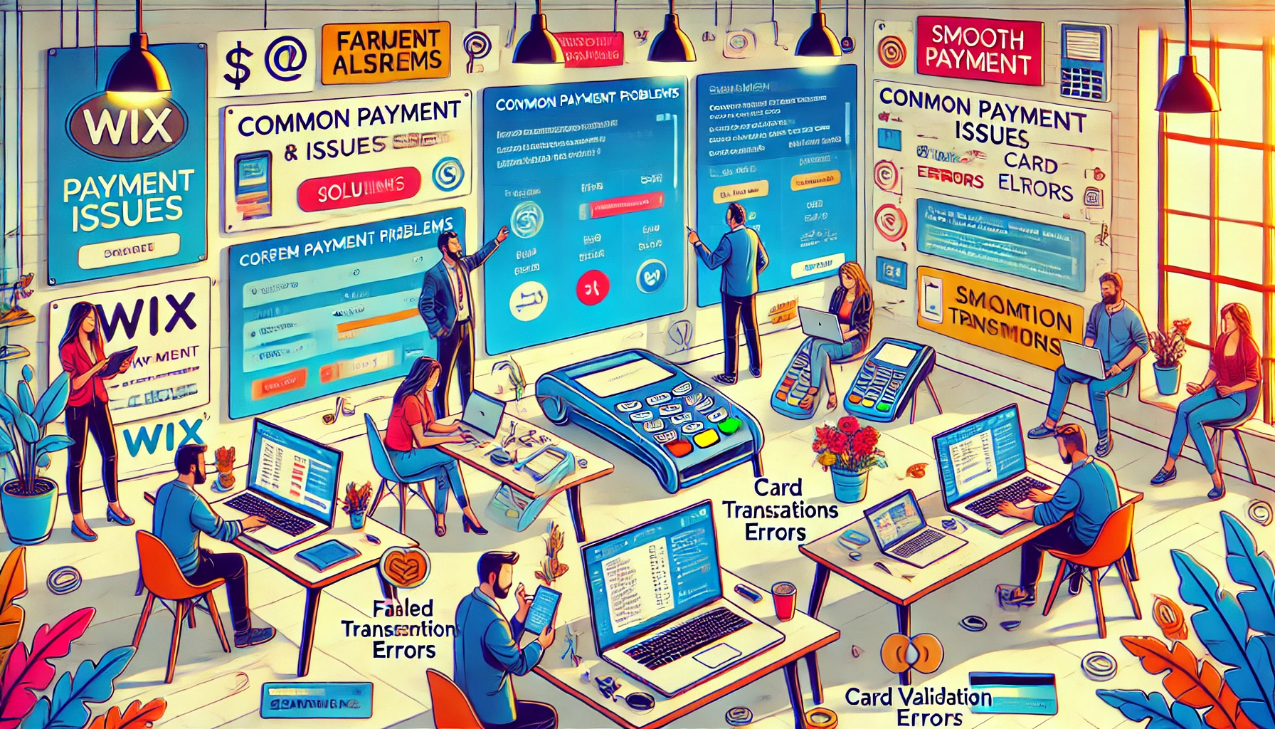 A vibrant workspace where professionals troubleshoot payment issues on an online platform. Laptops show the Wix dashboard with payment settings, error alerts, and transaction logs. A whiteboard outlines common payment problems, such as failed transactions and card validation errors, along with troubleshooting steps and solutions. Team members collaborate to adjust payment gateways and resolve issues. Posters in the background highlight financial tools and smooth transaction processes. The colorful and modern environment emphasizes teamwork, problem-solving, and ensuring seamless online payments.