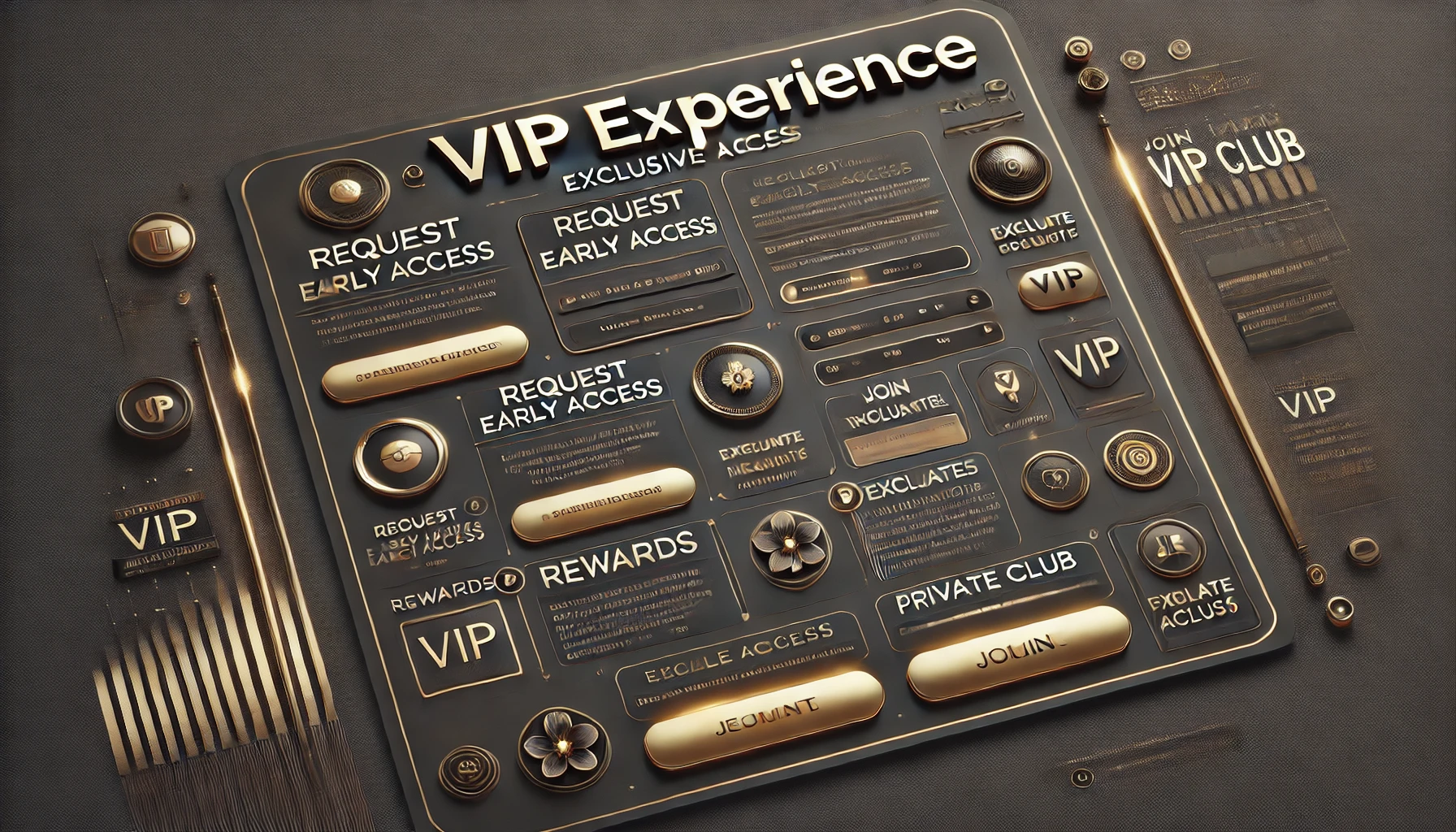 A luxurious VIP experience interface featuring sleek exclusive access forms with gold and black accents, emphasizing premium membership. Form fields include options like “Request Early Access” and “Join the VIP Club,” with personalized invitations for exclusive events. Bright, elegant animations and progress indicators ensure a smooth user experience. Refined typography and limited-time banners enhance the sophisticated atmosphere, while subtle icons highlight rewards, early releases, and private content. The design creates an engaging, high-end experience that encourages users to explore premium access benefits.