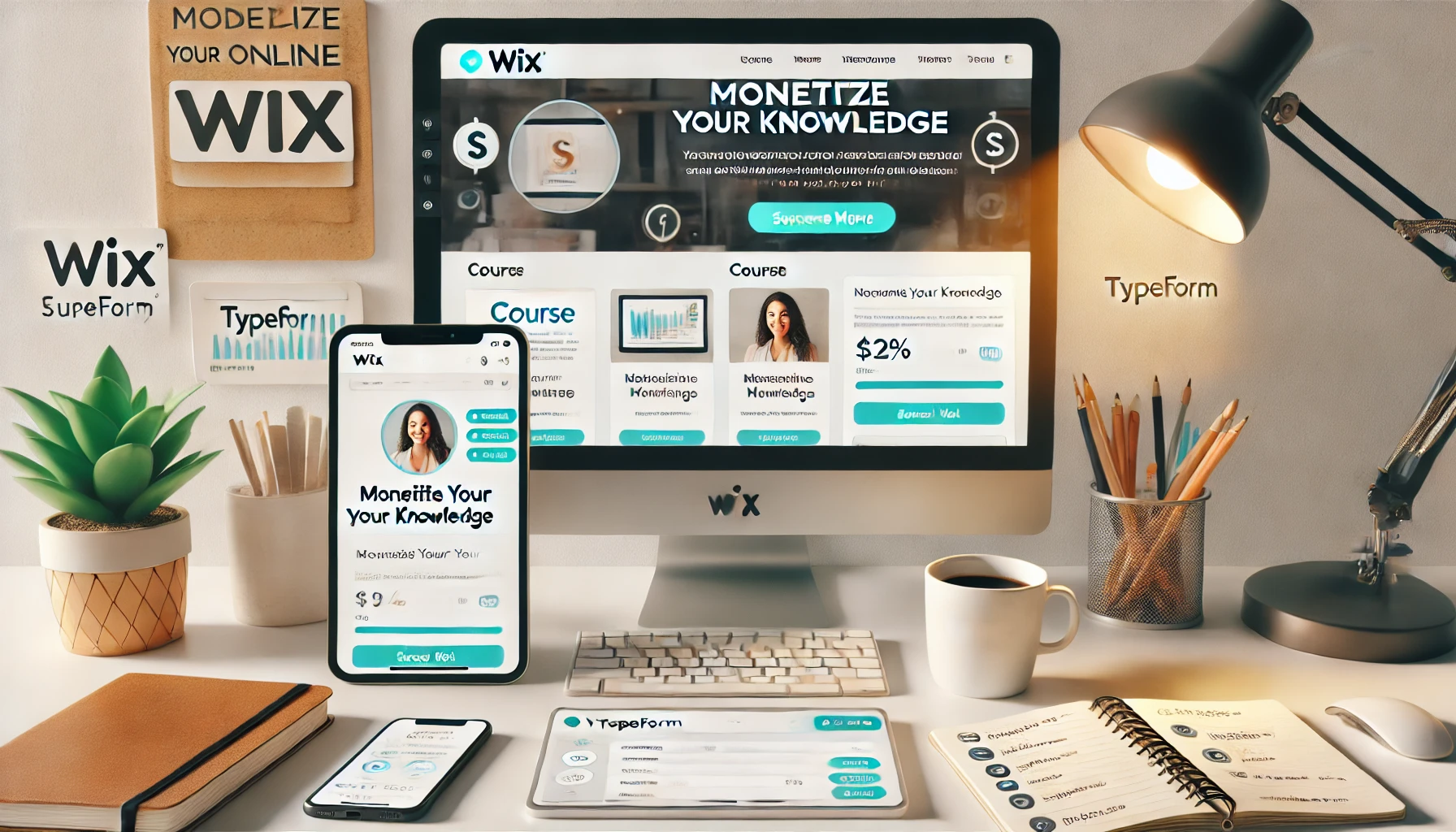 A digital workspace featuring a computer screen with a Wix online course page titled "Monetize Your Knowledge." A Typeform survey is also displayed, gathering student information. The desk includes items like notebooks, a coffee cup, and a smartphone showing payment notifications, set in a bright and professional environment.