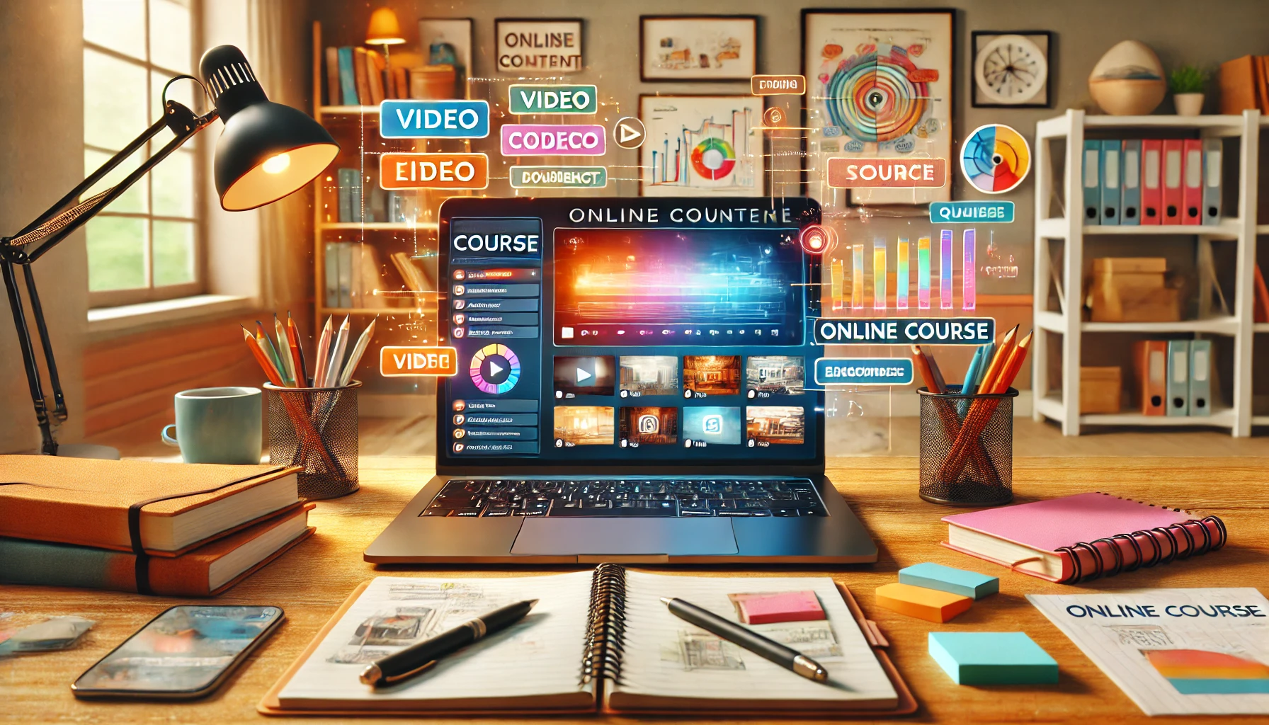 A wide image depicting a modern digital workspace for creating engaging course content. It features a laptop screen displaying colorful course material, surrounded by brainstorming tools like notebooks, pens, and sticky notes. In the background, there’s a tidy office setup with a bookshelf, a whiteboard with diagrams, and motivational decor. The scene is warmly lit, evoking a productive and creative environment.