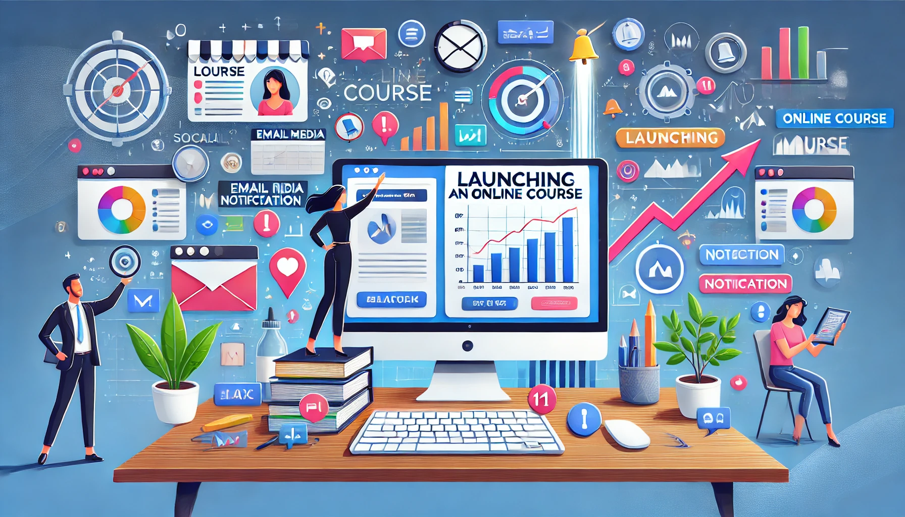 "A vibrant scene depicting a professional launching an online course from their workspace. The computer screen shows a course platform, while the background includes promotional elements like social media dashboards, email notifications, and flyers. Digital icons like notification bells and arrows emphasize the excitement of a successful launch. The illustration uses bright colors to convey a sense of achievement and growth, with small video call windows showing happy students."