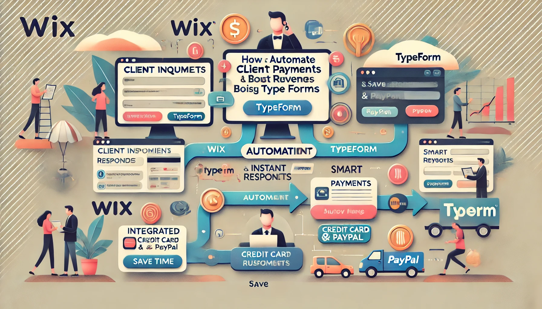 A professional visual showcasing how to automate client payments and inquiries on Wix using Typeform to save time and boost revenue with smart forms. The process starts with a Wix landing page featuring a Typeform form to collect inquiries and payment details. Arrows indicate the automation flow, routing inquiries for instant responses and processing payments through gateways with credit card and PayPal options. Clear call-to-action buttons guide users through each stage. The design emphasizes seamless management of inquiries and automated payment handling. A clean, light-colored background ensures clarity, with subtle Wix and Typeform logos integrated to highlight the platforms used