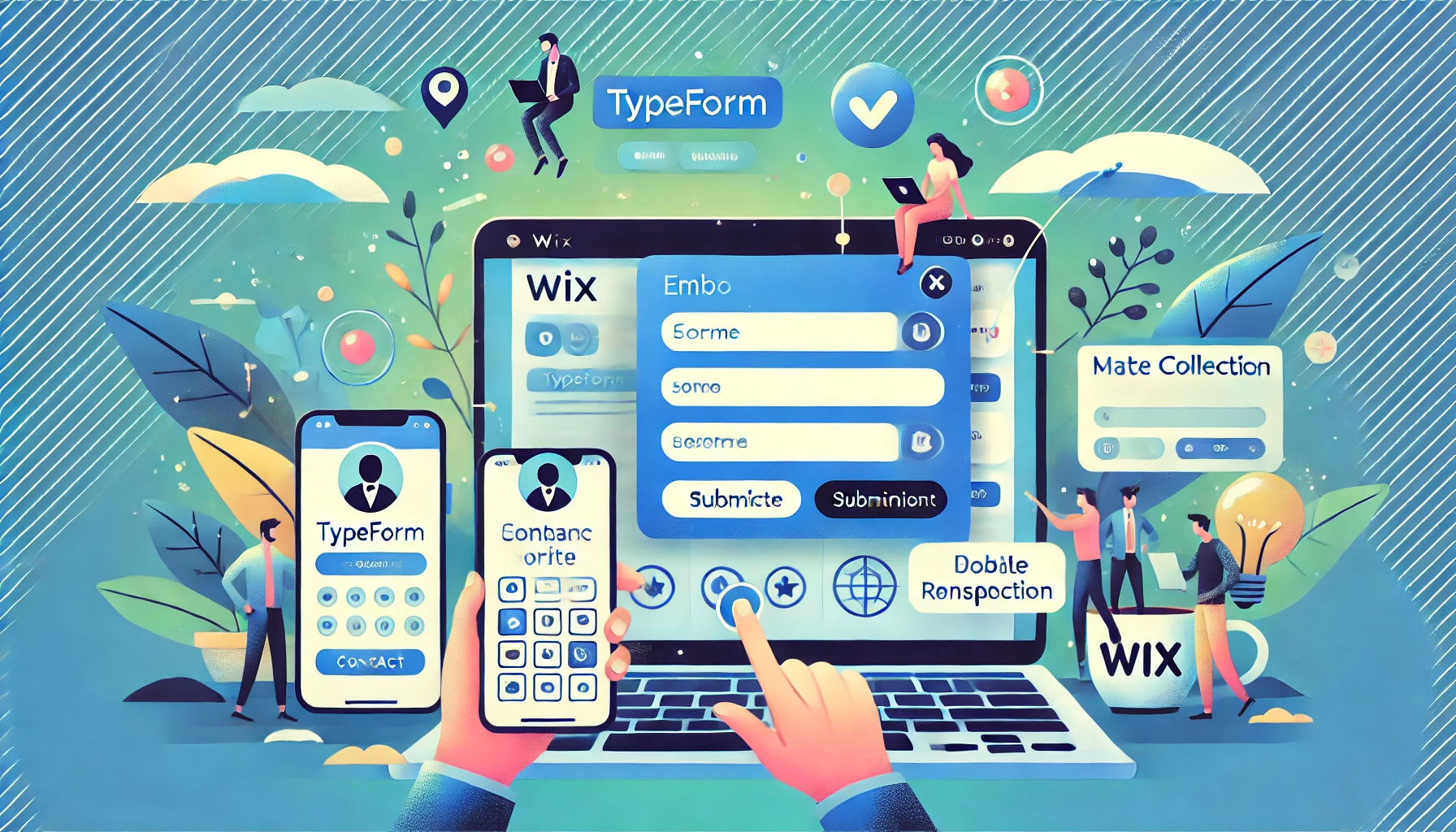 An illustration showing the process of embedding a Typeform on a Wix site. A laptop screen displays the Wix website builder with a live page containing an embedded Typeform. Icons representing form fields, submission buttons, and data collection surround the screen, symbolizing smooth integration. Smartphones display the same form, emphasizing mobile responsiveness. People interact with the form on multiple devices, ensuring a seamless user experience. The scene features a color palette of blues, greens, and soft gradients, with subtle office elements like coffee cups and notebooks to convey productivity.