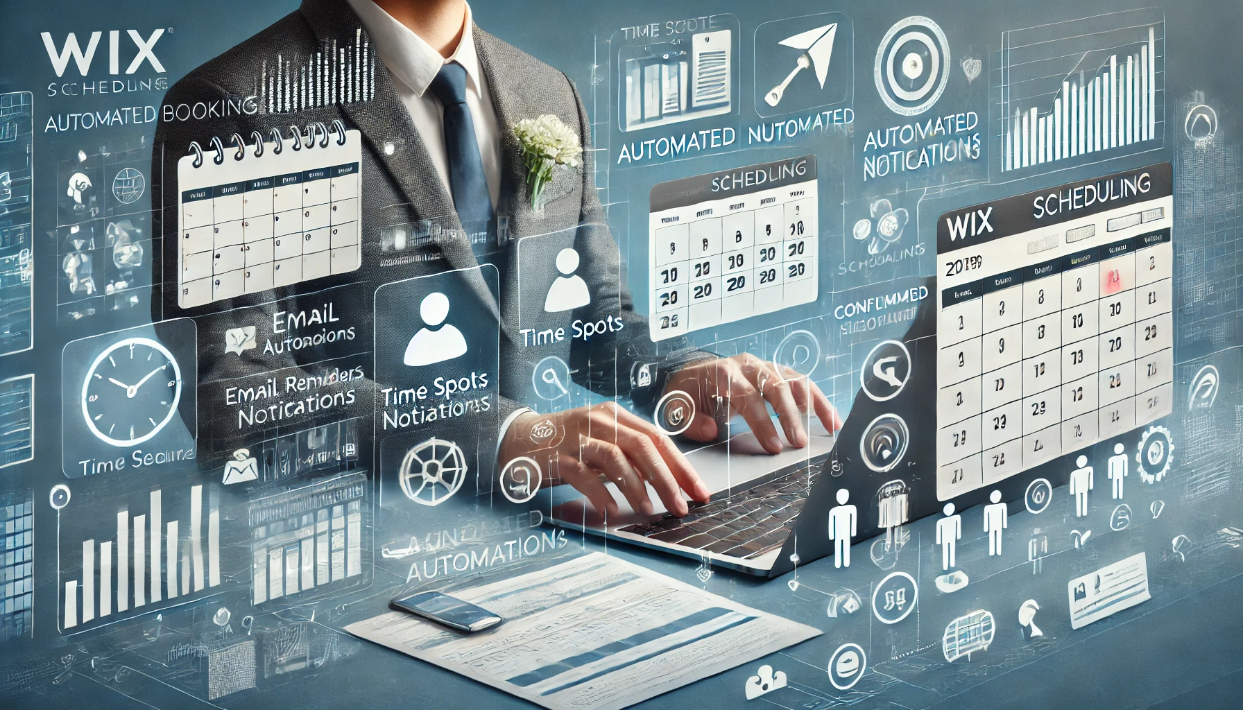 A business scene highlighting the automation of bookings with Wix Scheduling. A business owner works on a laptop, surrounded by icons of calendars, time slots, automated notifications, and confirmed bookings. In the background, dashboards display booking statistics and customer schedules. Subtle elements like email reminders and mobile notifications suggest seamless management. The color palette of whites, blues, and greens creates an atmosphere of efficiency and organization.