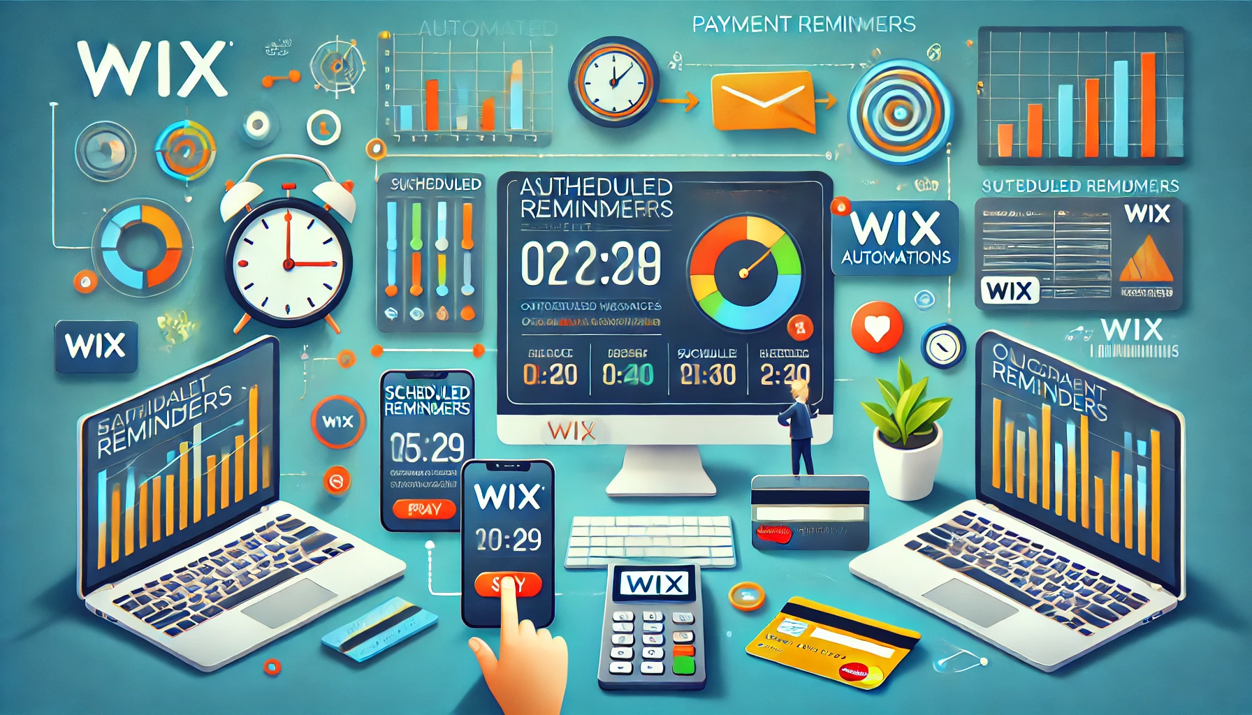 A modern scene illustrating the use of Wix automations for payment reminders. Laptops, smartphones, and tablets display Wix dashboards showing automated reminders, scheduled messages, and payment statuses. Icons like clocks, email envelopes, and credit card symbols emphasize automation and timely payments. Arrows connect reminders to successful transactions, symbolizing smooth payment management. Bright colors—blue, green, and orange—represent business growth. Background graphs and charts track paid invoices, outstanding balances, and scheduled reminders, highlighting the efficiency of automated payment processes.