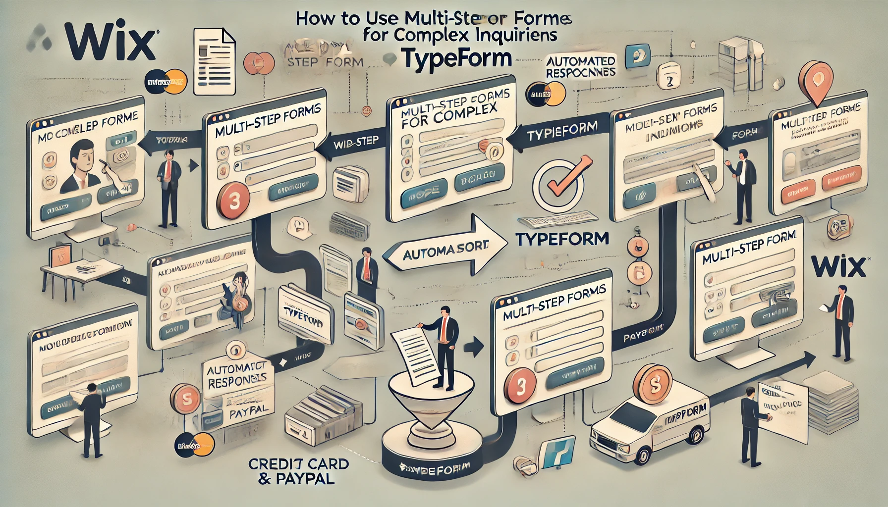 A professional visual demonstrating the use of multi-step forms on Wix with Typeform to handle complex inquiries efficiently. The flow starts with a Wix landing page embedding a Typeform multi-step form, allowing clients to provide detailed information across multiple stages. Arrows guide users through the steps, ensuring smooth navigation and logical data collection. The process integrates automated responses and payment options, featuring credit card and PayPal logos for seamless transactions. Clear call-to-action buttons and guiding arrows enhance usability. The design is clean and light-colored, with subtle Wix and Typeform logos to represent the platforms used, emphasizing automation, efficiency, and revenue growth.

