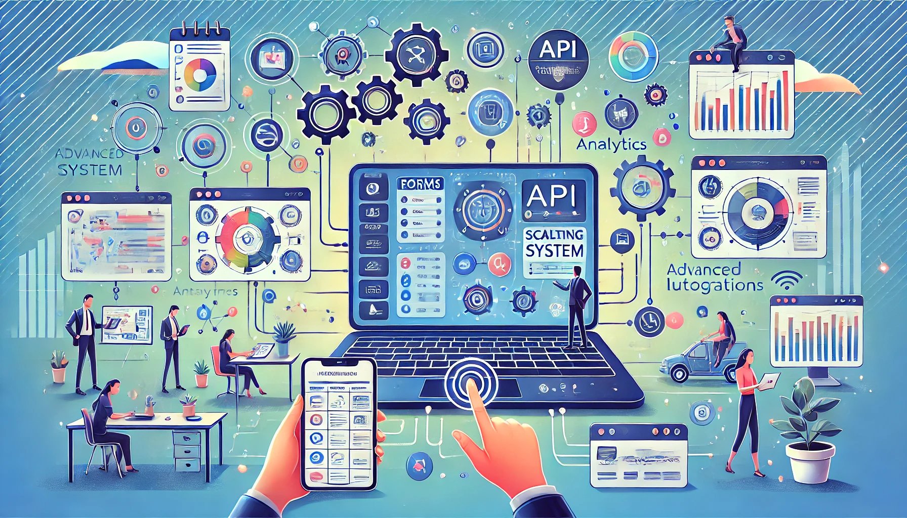 An illustration showcasing the scaling of a system with advanced integrations. A laptop screen displays a dashboard with interconnected tools, including forms, calendars, analytics, and e-commerce platforms. Surrounding icons of gears, API connections, and workflows emphasize automation and scalability. Smartphones and tablets show real-time notifications and analytics dashboards, highlighting multi-platform engagement. People interact with various tools across devices, demonstrating smooth collaboration. The scene uses a color palette of blues, greens, and soft gradients, with subtle office elements like coffee cups and notebooks, creating an atmosphere of productivity and efficiency.