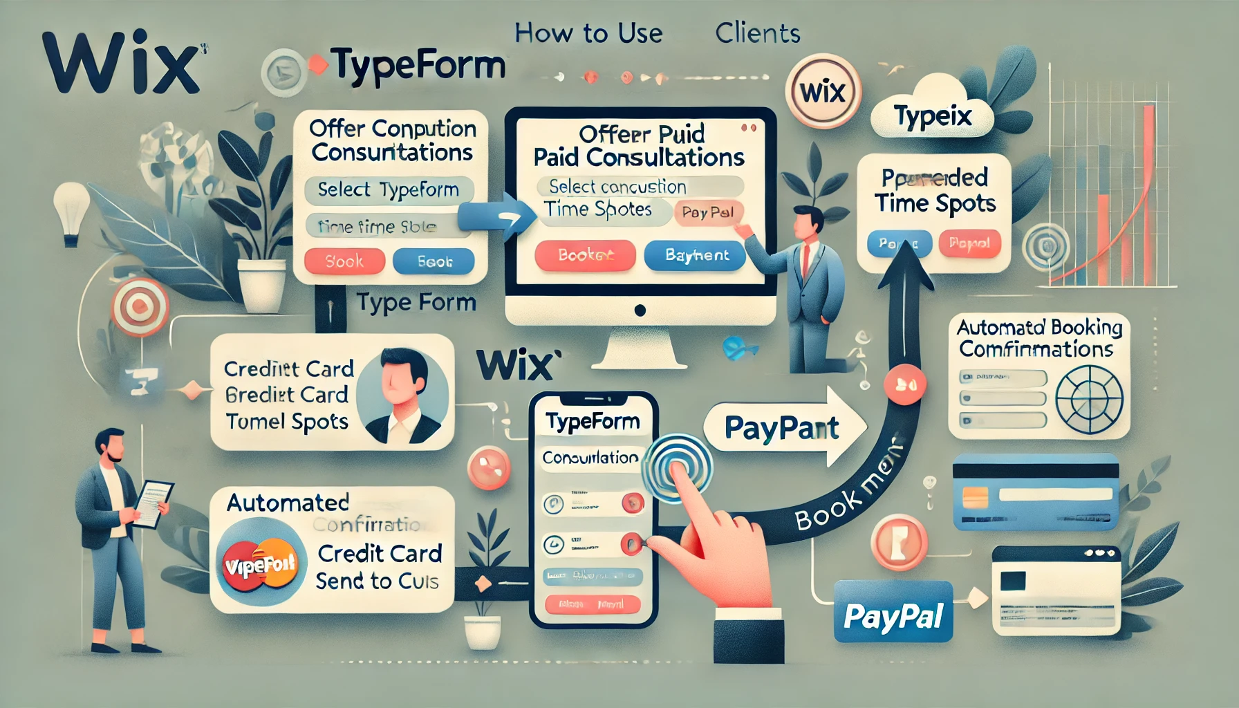 A professional visual showing how to use Typeform in Wix to offer paid consultations, turning leads into clients with seamless booking and payment processes. The flow starts with a Wix landing page embedding a Typeform form where users can choose consultation types, book time slots, and enter their personal information. Arrows direct the user to a payment gateway featuring credit card and PayPal options. The final step highlights automated booking confirmations sent to clients upon successful payment. Clear call-to-action buttons and guiding arrows ensure smooth navigation. The design emphasizes simplicity and efficiency with a clean, light-colored background, subtly integrating Wix and Typeform logos for branding.