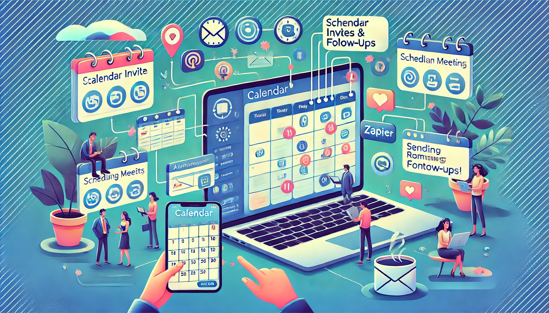 An illustration showcasing the automation of calendar invites and follow-ups using Zapier. A laptop screen displays a dashboard featuring calendar tools and workflow automation apps, automating tasks like meeting scheduling and follow-up emails. Icons of calendars, reminders, and email triggers surround the screen, symbolizing smooth coordination. Additional devices, such as smartphones and tablets, display meeting reminders and follow-up notifications, emphasizing multi-platform functionality. People interact with notifications, highlighting efficient collaboration. The workspace is set in blues, greens, and soft gradients, with subtle office elements like coffee cups and notebooks to enhance productivity.