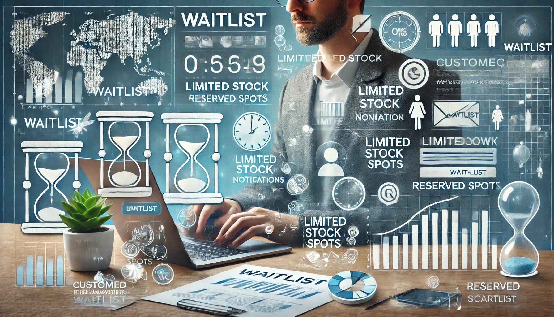 A business scene illustrating the creation of a waitlist to generate scarcity. A business owner works on a laptop, surrounded by icons of waitlists, countdown timers, limited stock notifications, and reserved spots. In the background, dashboards display customer demand and waitlist data, emphasizing urgency and exclusivity. Elements like email notifications and pop-up alerts reinforce customer engagement. The color palette of whites, blues, and greens evokes a sense of efficiency, scarcity, and excitement.