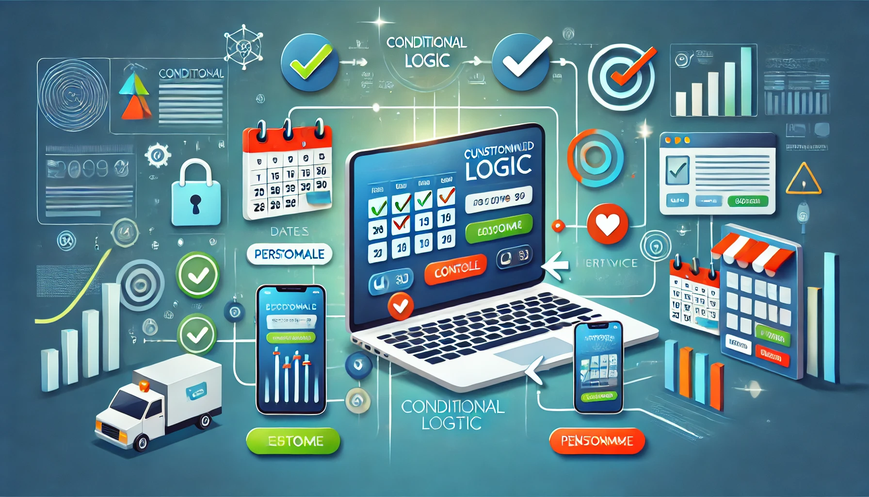 A modern scene showing the use of conditional logic to personalize the booking experience. Laptops, smartphones, and tablets display booking platforms with dynamically changing options based on user inputs, such as dates, preferences, and services. Icons like calendars, checkmarks, and personalized messages emphasize customization. Arrows represent the adaptive flow as user choices lead to tailored booking options. The vibrant color scheme—blue, green, and orange—symbolizes customer satisfaction and business efficiency. Background dashboards and graphs track booking metrics, illustrating the impact of personalization on engagement and conversion rates.