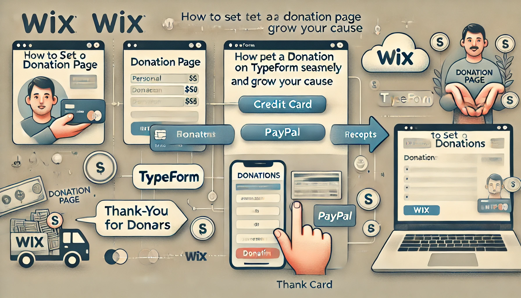 A professional visual illustrating how to set up a donation page on Wix using Typeform to collect donations seamlessly and grow your cause. The flow starts with a Wix landing page embedding a Typeform form where donors can provide personal details and select their donation amount. Arrows lead to a secure payment gateway with credit card and PayPal options. The final step shows automated thank-you messages and receipts sent to donors after successful donations. Clear call-to-action buttons and arrows guide users smoothly through the process. The design emphasizes simplicity and ease of giving, with a clean, light-colored background and subtle Wix and Typeform logos for branding.