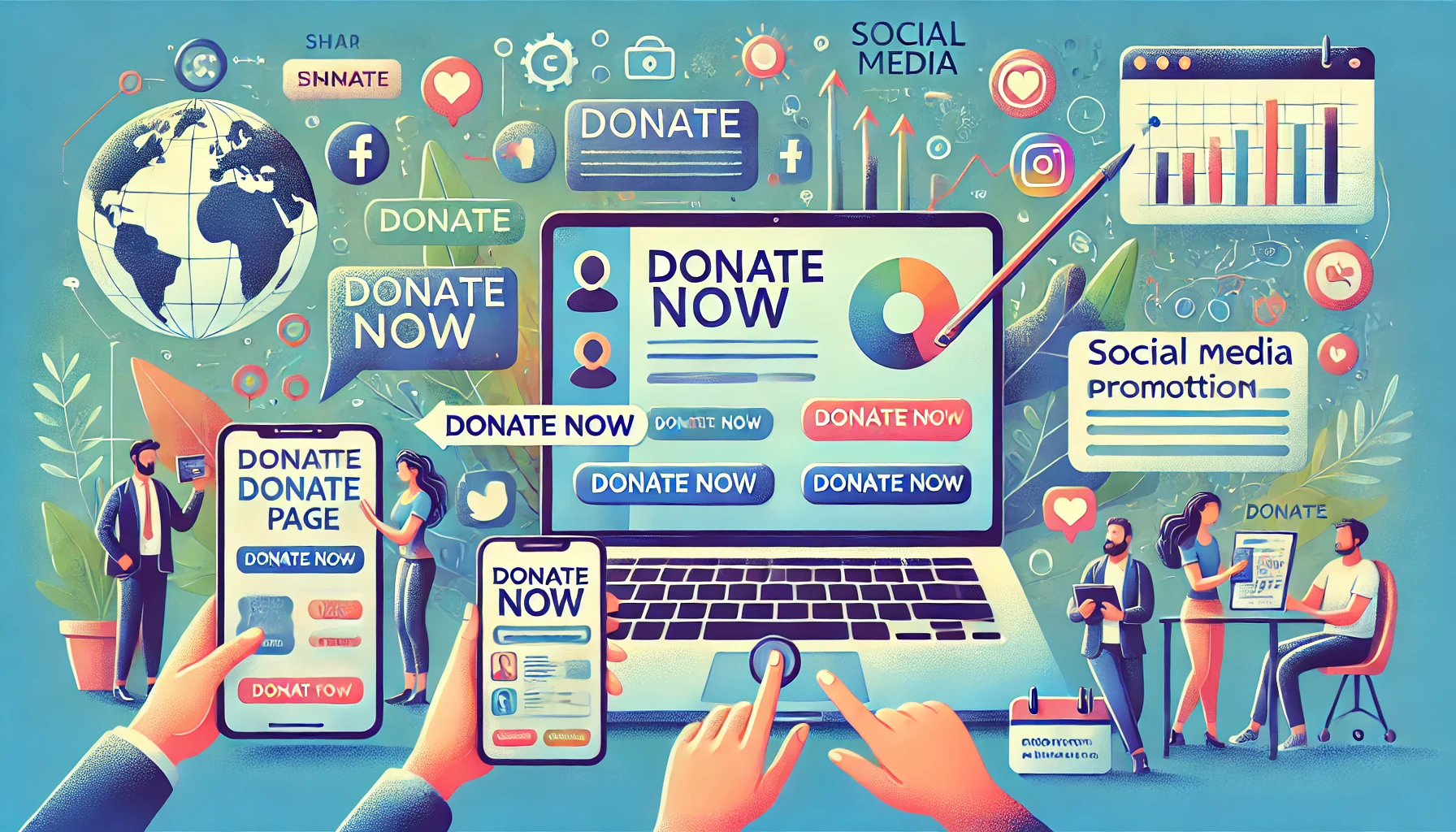 An illustration showcasing the promotion of a donation page. A laptop screen displays a donation page featuring call-to-action buttons like “Donate Now” and descriptions of the cause. Icons representing sharing options, social media platforms, and campaign analytics surround the screen, symbolizing outreach efforts. Additional devices, such as smartphones and tablets, show donation confirmations and social media posts, emphasizing multi-platform engagement. People interact with the campaign, highlighting active community involvement. The color palette features blues, greens, and soft gradients, with subtle office elements like coffee cups and notebooks, conveying an organized and professional atmosphere.