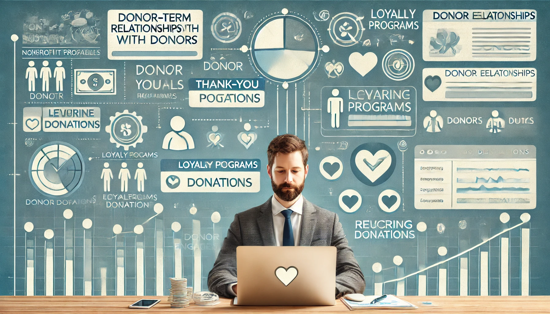 A business scene focused on building long-term relationships with donors. A nonprofit manager works on a laptop, surrounded by icons of donor profiles, thank-you messages, loyalty programs, and recurring donations. In the background, dashboards display donor engagement metrics and fundraising progress. Subtle elements, such as handwritten notes, hearts, and email notifications, highlight personalized communication and appreciation. The color palette of whites, blues, and warm greens creates a welcoming and caring atmosphere, emphasizing trust and connection.