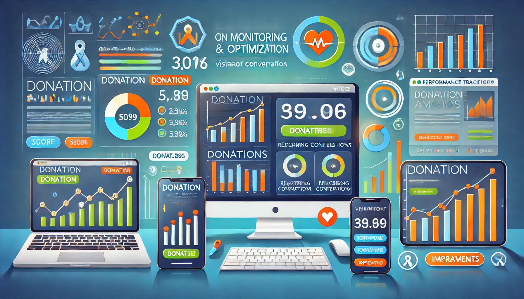 A modern scene highlighting the process of monitoring and optimizing a donation page’s performance. Laptops, smartphones, and tablets display dashboards tracking metrics like total donations, recurring contributions, and visitor conversion rates. Icons such as heart symbols, progress bars, and graphs emphasize the impact of donations and data-driven optimization. Arrows represent the continuous cycle of improvement based on insights. Bright colors—blue, green, and orange—reflect growth, engagement, and positive outcomes. Background charts show campaign performance and donor trends, reinforcing the importance of regular optimization for successful fundraising.