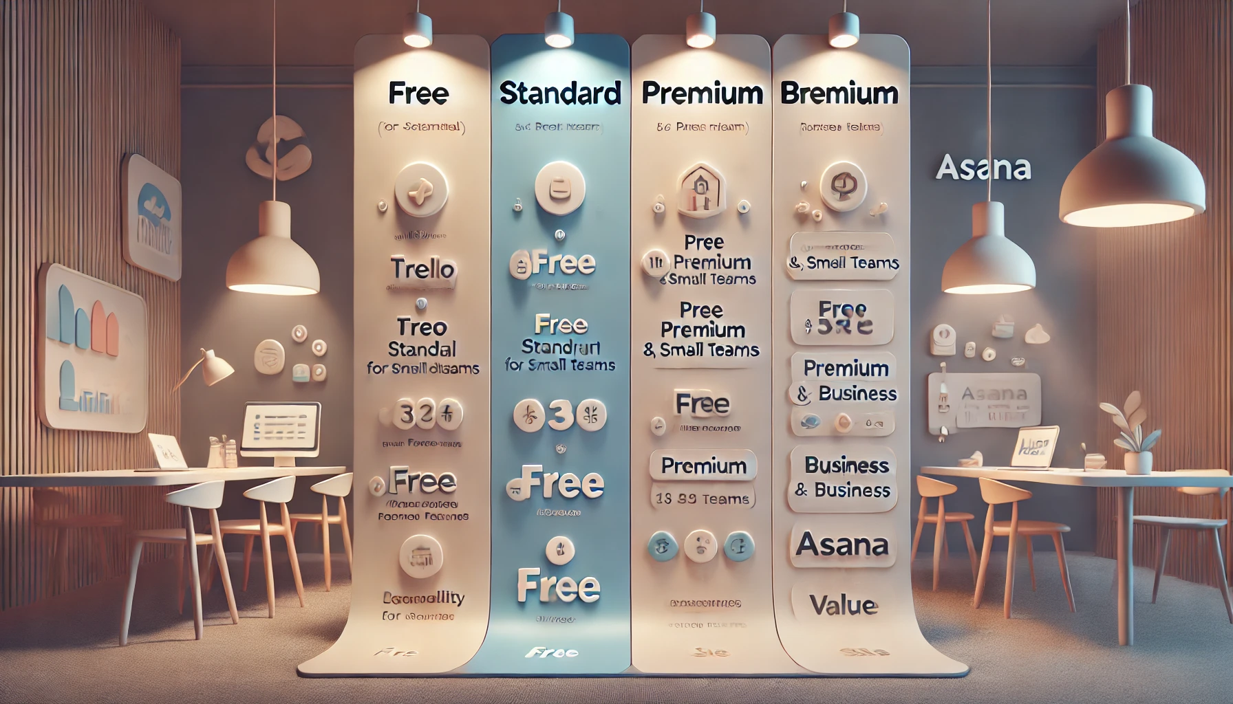 A side-by-side image comparing Trello and Asana’s pricing structures. The left side showcases Trello’s pricing options with free, standard, and premium tiers, designed for flexible usage by individuals and smaller teams. The right side presents Asana’s pricing options, including free, premium, and business plans, catering to larger teams needing advanced features. Background icons subtly symbolize budgeting and value, with each side labeled to highlight cost benefits and ideal users. The layout is professional and clean, unified by soft lighting for clarity.