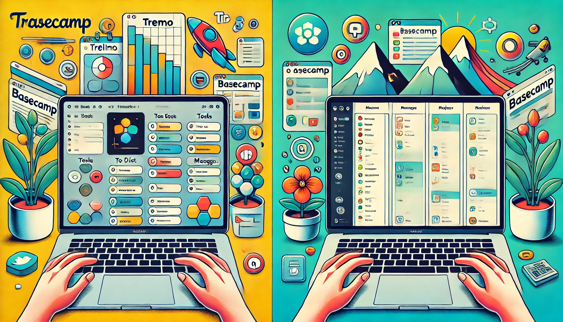 "Illustration comparing Basecamp and Trello for work organization. On the left, Trello displays a colorful task board with cards in columns for easy drag-and-drop management. On the right, Basecamp shows a clean interface with to-do lists, messages, and project summaries, focusing on team communication. Icons like task boards, calendars, and chat symbols appear between the setups, representing each platform's distinctive features for productivity."

