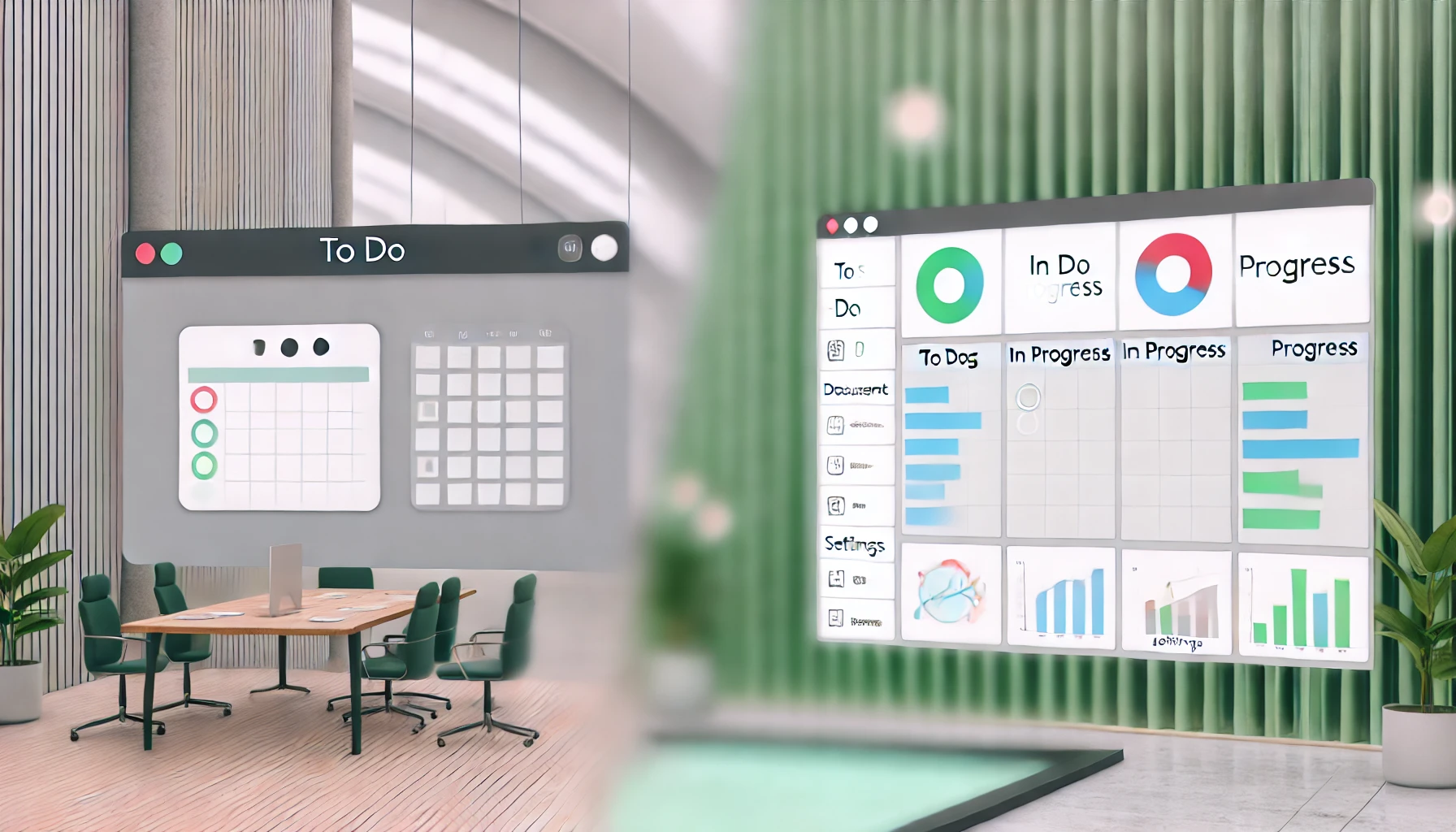 A wide split-screen image comparing two project management tools in terms of ease of setup. The left side features a simple task-tracking board with columns labeled "To Do," "In Progress," and "Done," suggesting a quick and easy setup. The right side displays a more complex all-in-one dashboard with icons for a calendar, document sharing, progress charts, and settings, indicating a more detailed setup process. The background is a minimalist, modern office with soft green and blue hues, representing the initial steps in setting up different project management tools.