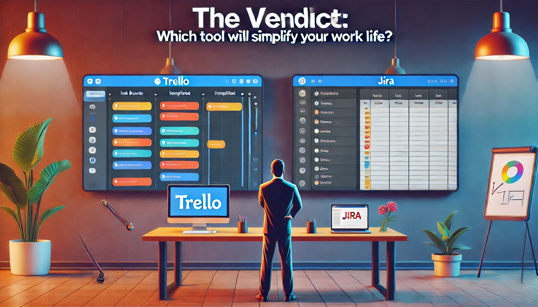 In a modern office, a project manager stands between two large digital screens with a focused expression. The left screen shows Trello with colorful task boards, and the right screen displays Jira with structured task columns. Above, a title reads, “The Verdict: Which Tool Will Simplify Your Work Life?” illustrating the choice between a simplified and a more detailed project management tool.