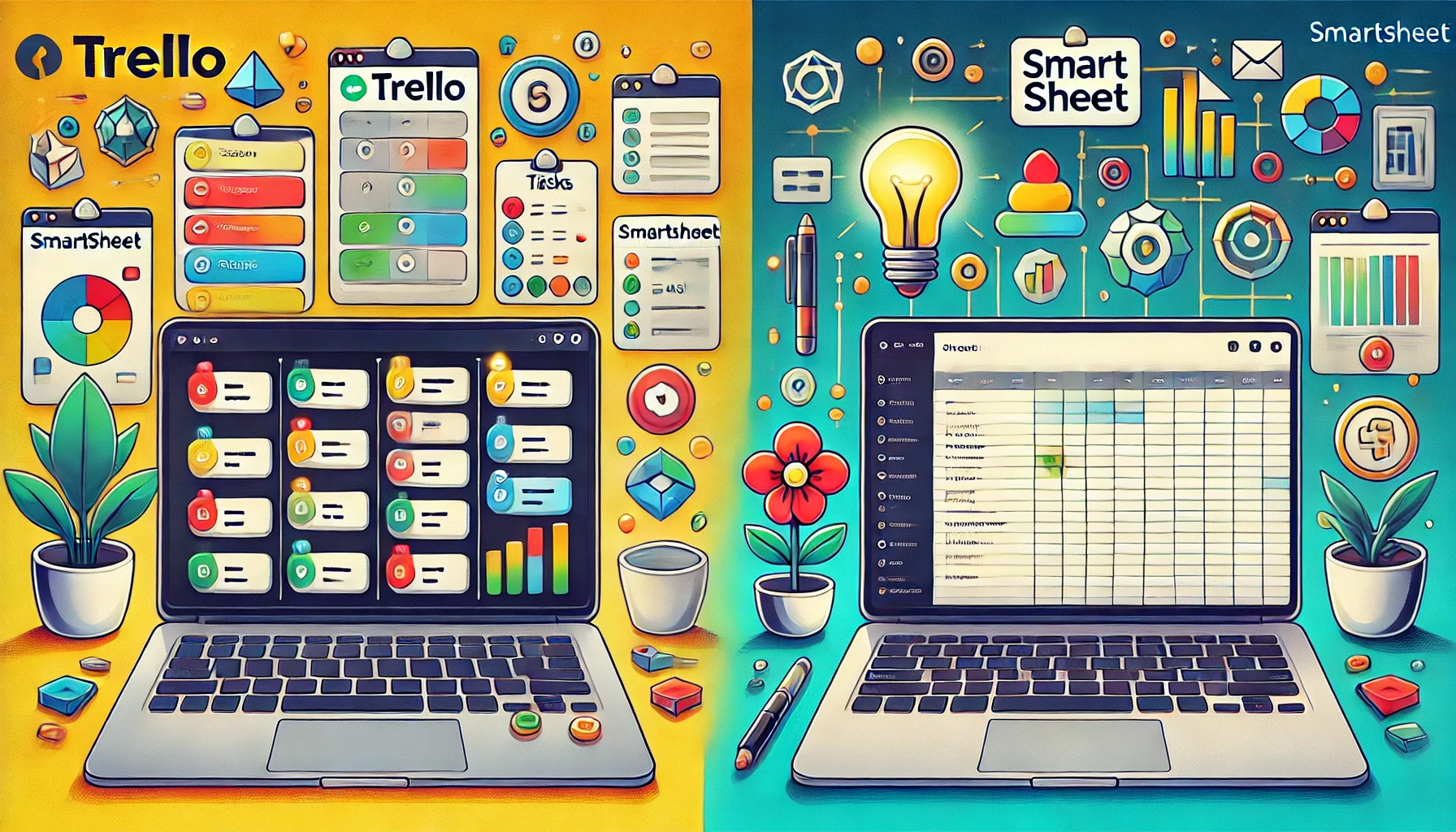 "Illustration comparing Trello and Smartsheet for project management. On the left, Trello shows a colorful board with tasks organized in columns, using an intuitive drag-and-drop card layout. On the right, Smartsheet displays a grid layout resembling a spreadsheet with rows and columns for data tracking, collaboration, and integration. Icons like task boards, checklists, and data symbols highlight each platform's productivity features."