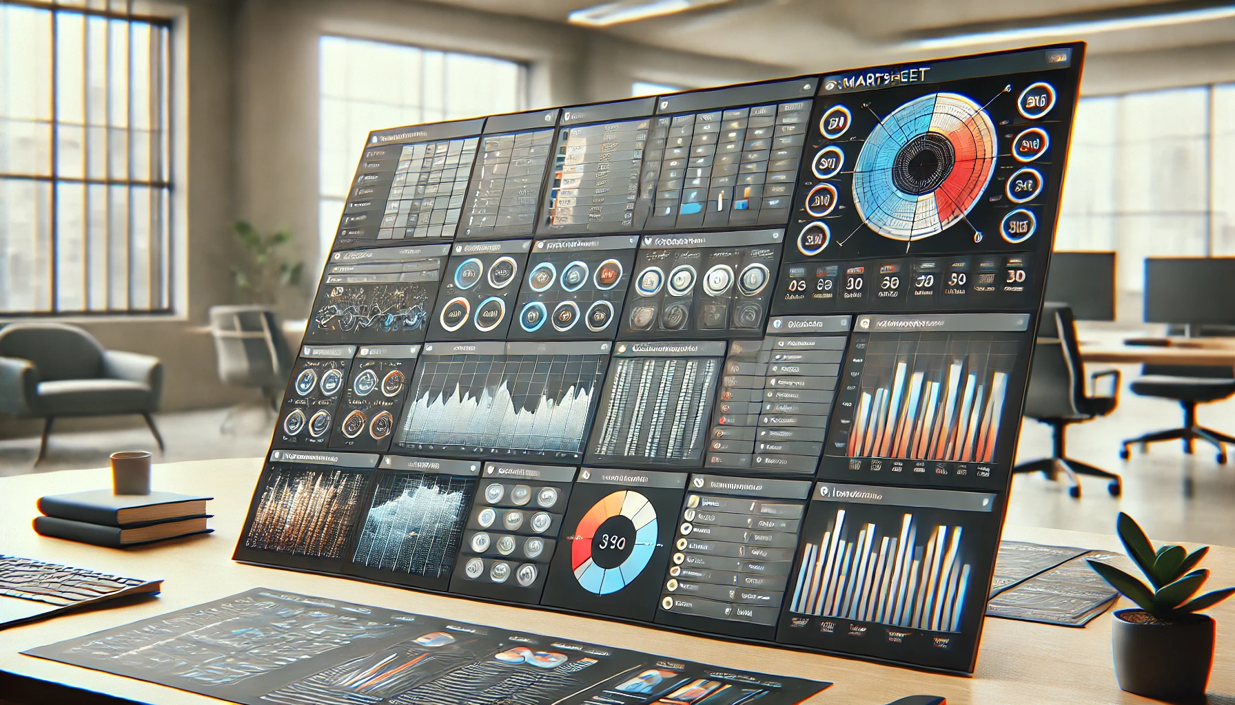 A wide image showcasing a detailed Smartsheet dashboard, emphasizing its data-driven functionality. The interface displays a grid layout resembling a spreadsheet with customizable fields, alongside panels for data visualization, including pie charts, bar graphs, and progress timelines. The dashboard has color-coded sections for efficient data tracking, highlighting Smartsheet's powerful organizational and analytical capabilities. The background is a professional, modern office with soft, neutral tones, conveying a focused, data-centric workspace ideal for detailed project management.