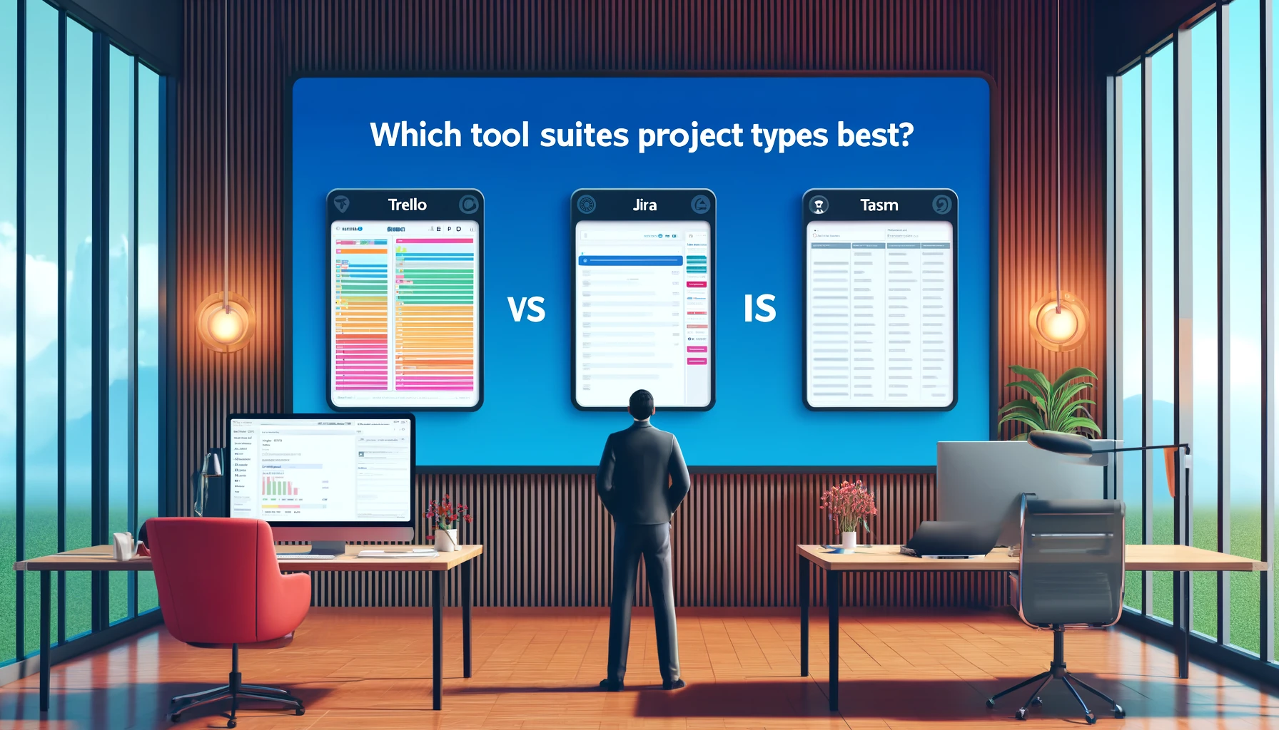 In a modern office, a project manager stands between two large screens, each displaying a different project management tool. On the left, Trello is shown with colorful, simple boards suited for flexible, less complex projects. On the right, Jira features detailed, structured task columns ideal for complex, data-heavy projects. A title above reads, “Which Tool Suits Different Project Types Best?” The scene conveys the adaptability of each tool for specific project needs, from simplicity to depth.