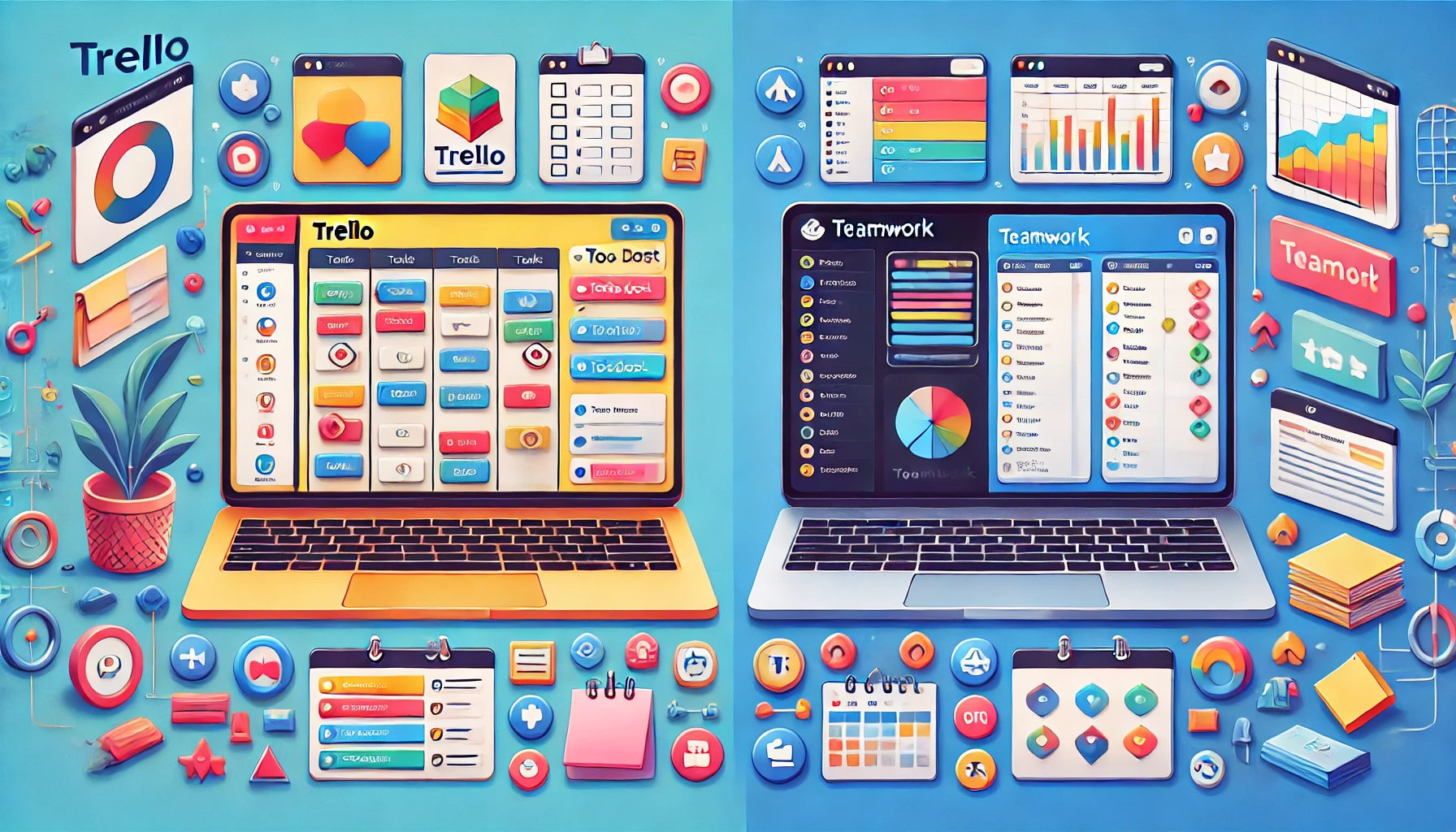 "Illustration comparing Trello and Teamwork for managing to-do lists. On the left, Trello displays a colorful task board with tasks in column format and drag-and-drop functionality for simplicity. On the right, Teamwork shows a structured project dashboard with to-do lists, progress bars, and team collaboration features for detailed task management. Icons like checklists and task boards appear between them, representing each platform’s unique productivity tools."

