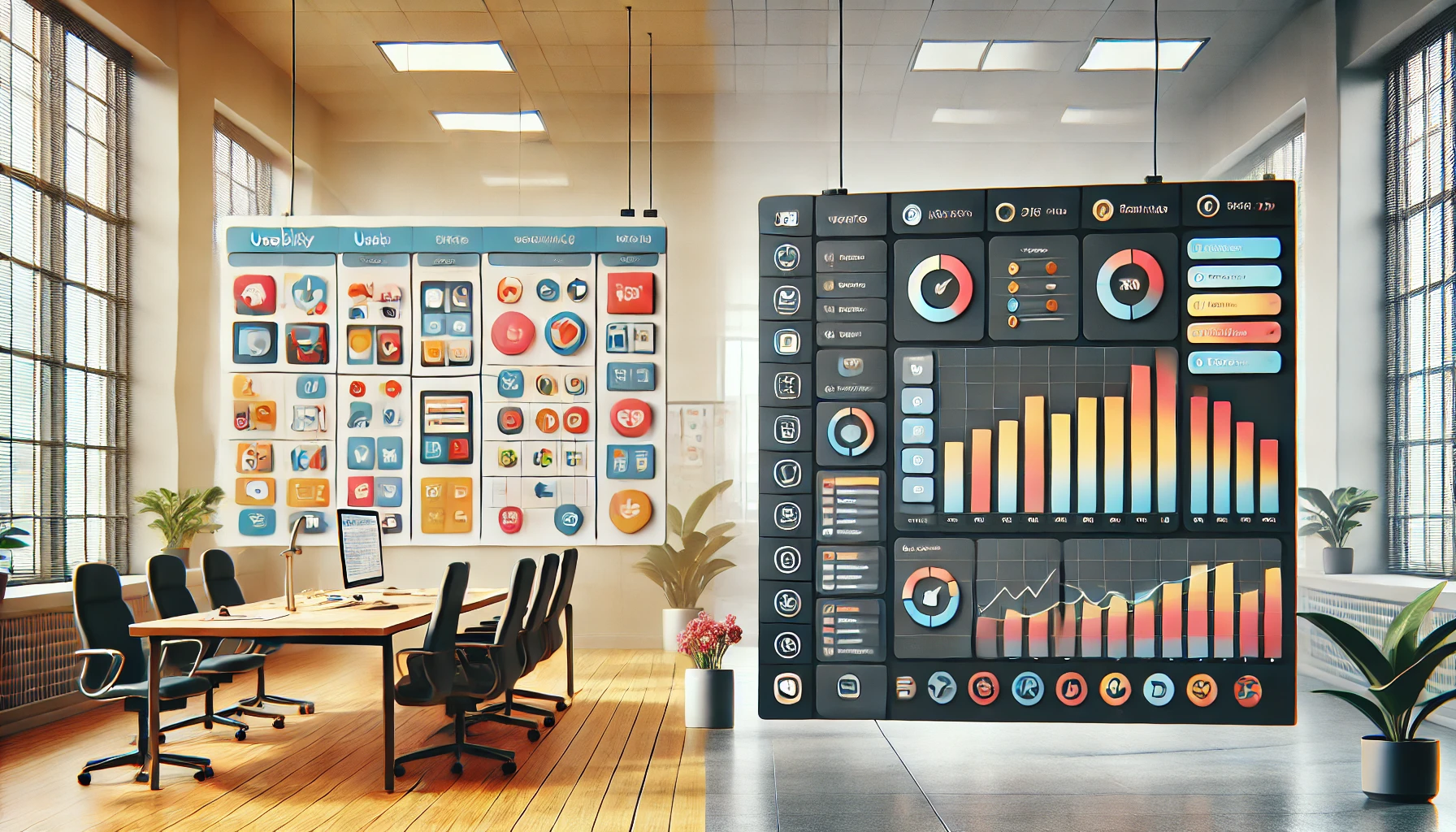 A wide image contrasting the usability and user experience of two productivity tool interfaces. The left side shows a simple, visually appealing layout with large icons, a kanban board, and drag-and-drop functionality, conveying ease of use for beginners. The right side features a more sophisticated dashboard with data grids, filters, and analytics panels, designed for experienced, data-oriented users. The background is a clean, modern office with soft lighting, symbolizing productivity and a focus on user-centered design tailored to different expertise levels.