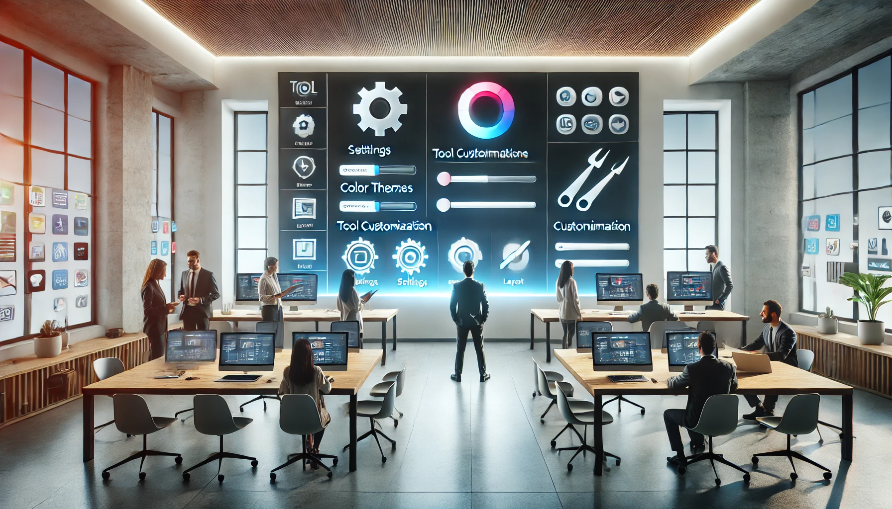  A collaborative office environment featuring a team gathered around a large screen that shows customization options for a digital tool. The interface displays settings for adjusting layouts, color schemes, and other customization features. The setting is clean and minimalist, with a tech-savvy feel that emphasizes flexibility and the power to tailor tools for different workflows.