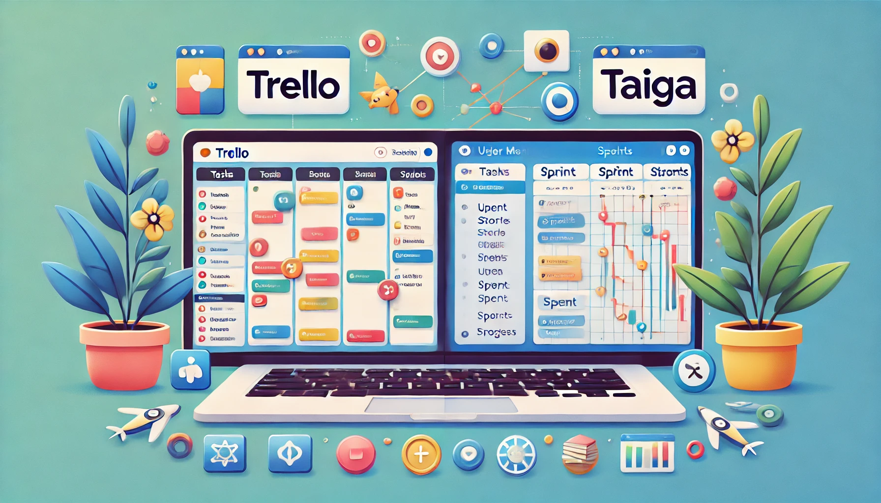 Illustration comparing Trello and Taiga for staying organized. On the left, Trello shows a colorful board with tasks in a column format and drag-and-drop cards for visual organization. On the right, Taiga displays an agile-style dashboard with sprint planning, user stories, and task progress tracking for detailed project management. Icons like task boards and collaboration symbols appear between them, representing each platform’s unique organizational tools."