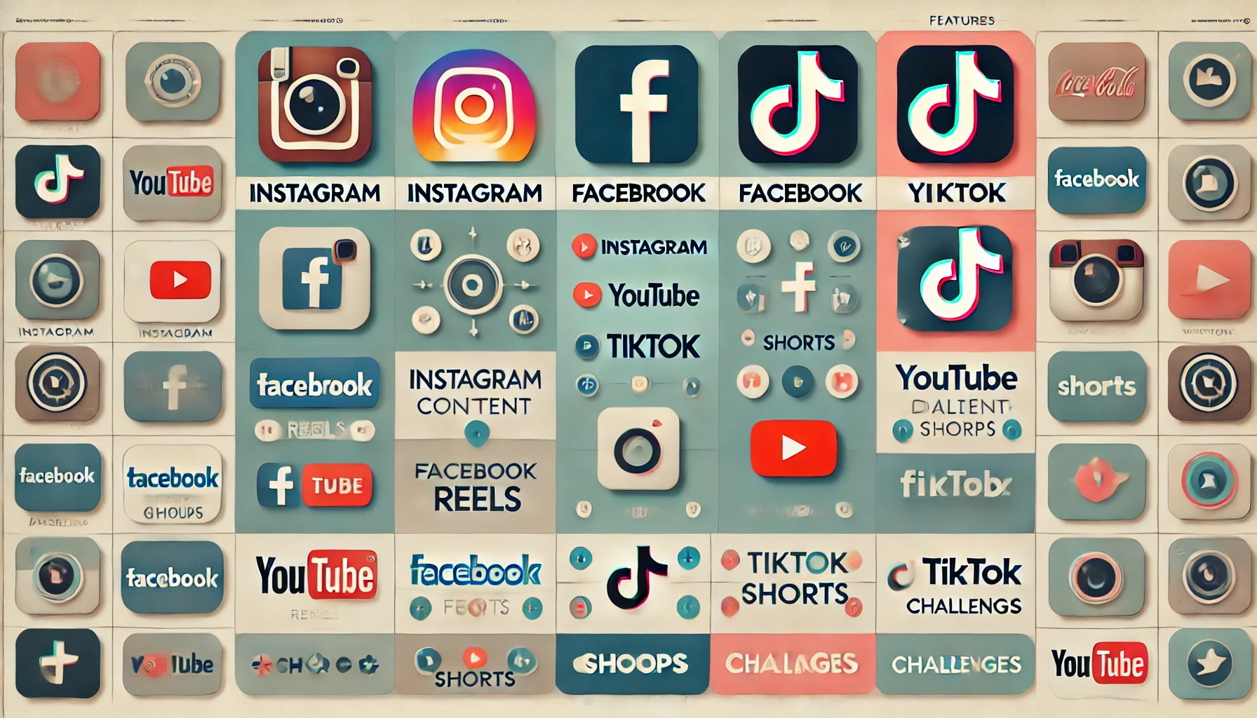 A wide-format comparative layout of Instagram, Facebook, TikTok, and YouTube, each with a logo and list of features in a clean, icon-based style. The background is divided by soft gradients, with each section listing unique engagement metrics, content types, advertising options, and distinctive tools like Instagram Reels, YouTube Shorts, Facebook Groups, and TikTok challenges. The design is organized and minimalistic, showcasing platform distinctions in an easy-to-read format.