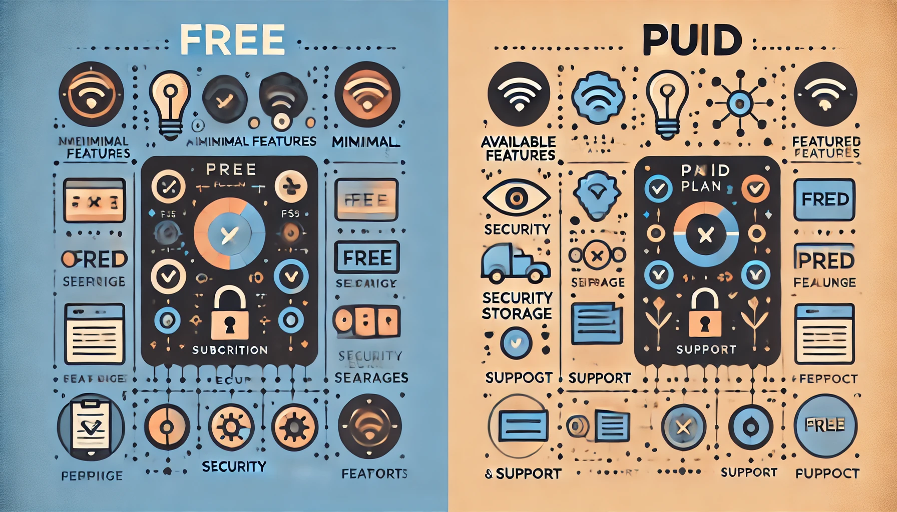 : A side-by-side visual comparison of free and paid subscription plans. The left section highlights the limitations of the free plan, showing fewer available features represented by 'X' marks and minimal icons like basic storage. The right section contrasts with the paid plan, featuring more checkmarks and enhanced icons for premium features such as increased security, storage, and customer support.