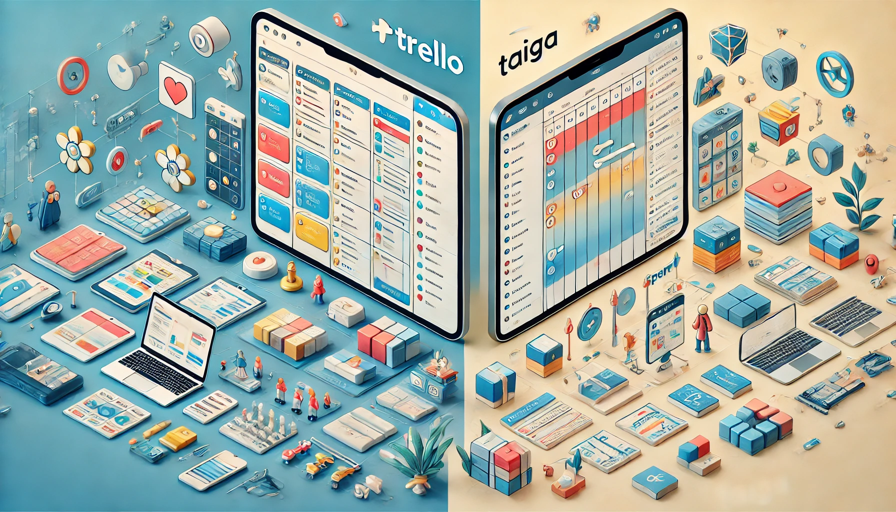 A split-screen illustration comparing Trello and Taiga for project management. Trello’s side features colorful boards, cards, and checklists representing a flexible visual workspace ideal for task organization. On Taiga’s side, agile management tools such as kanban boards, sprints, and task tracking are shown, emphasizing progress tracking and sprint planning. The soft blue and white background includes icons for teamwork and productivity.