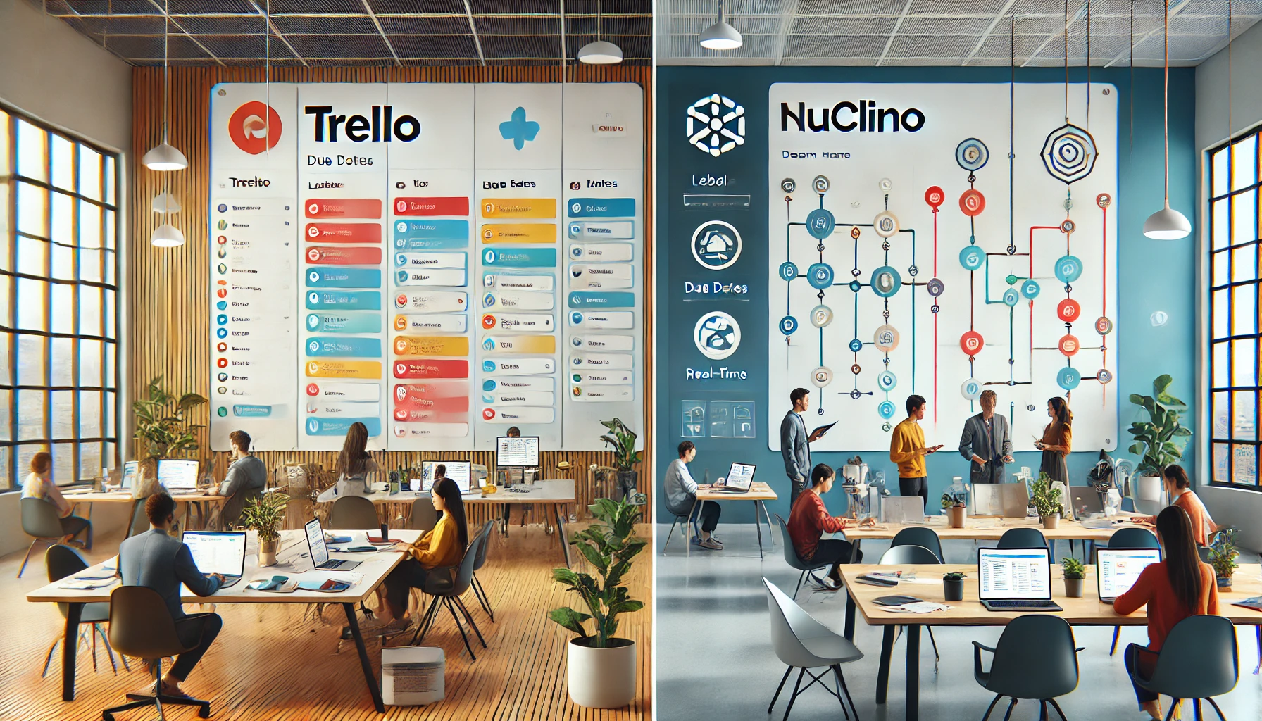  A wide image contrasting Trello and Nuclino interfaces in a modern office. The left side displays Trello’s colorful kanban board with cards organized in lists, showing labels, due dates, and team member icons. The right side shows Nuclino’s minimalist, document-based interface with connected nodes, task details, and real-time editing. People collaborate at desks with laptops and whiteboards in the background, highlighting teamwork and seamless collaboration.