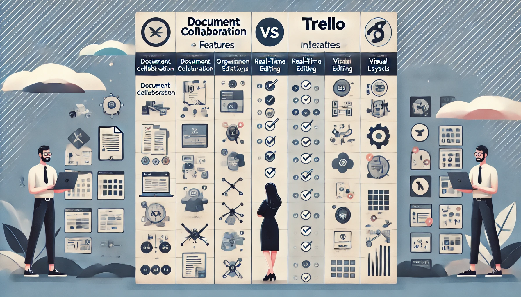  A wide comparison chart illustration showing key feature differences between Trello and Nuclino. Two columns outline features like document collaboration, organization structure, integrations, real-time editing, and visual layouts, with icons and checkmarks indicating each tool's strengths. Trello's focus on Kanban-style visual organization and Nuclino's strengths in document collaboration are emphasized. The background is clean, with soft blue and gray tones, giving a professional, modern appearance tailored to project management tools.