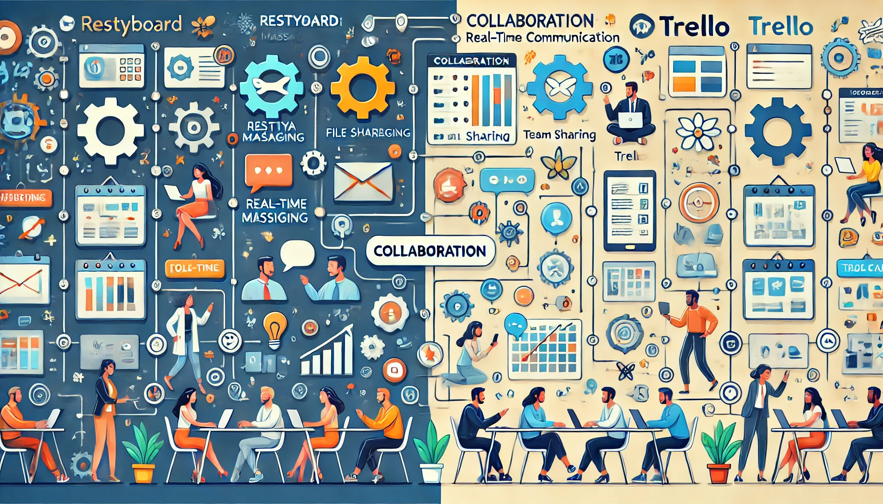 A side-by-side visual comparison of Restyaboard and Trello highlights their real-time collaboration features. Restyaboard is shown on the left with icons for instant messaging, file sharing, and live updates, while Trello on the right displays icons for video calls, task assignments, and team chats. In the center, a group collaborates, symbolizing teamwork and engagement across both tools. Each platform’s section is color-coded to emphasize their distinct collaborative capabilities