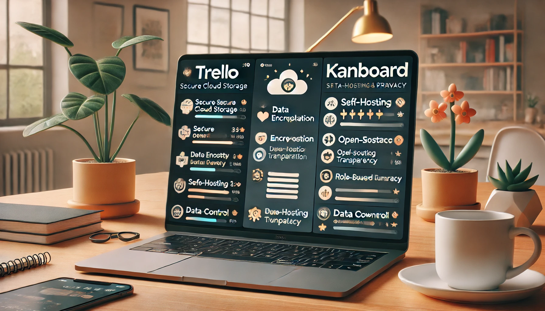 A side-by-side comparison of Trello and Kanboard interfaces on a desk setup, highlighting data security and privacy features. Trello’s interface on the left includes labels for secure cloud storage, data encryption, and user access control, with user comments about safety in collaboration. Kanboard’s interface on the right shows self-hosting, open-source transparency, and role-based access control, with feedback on privacy control and data ownership. The desk has a laptop, coffee cup, and a small plant, all softly lit, with a blurred background to keep focus on the security and privacy details on each screen.