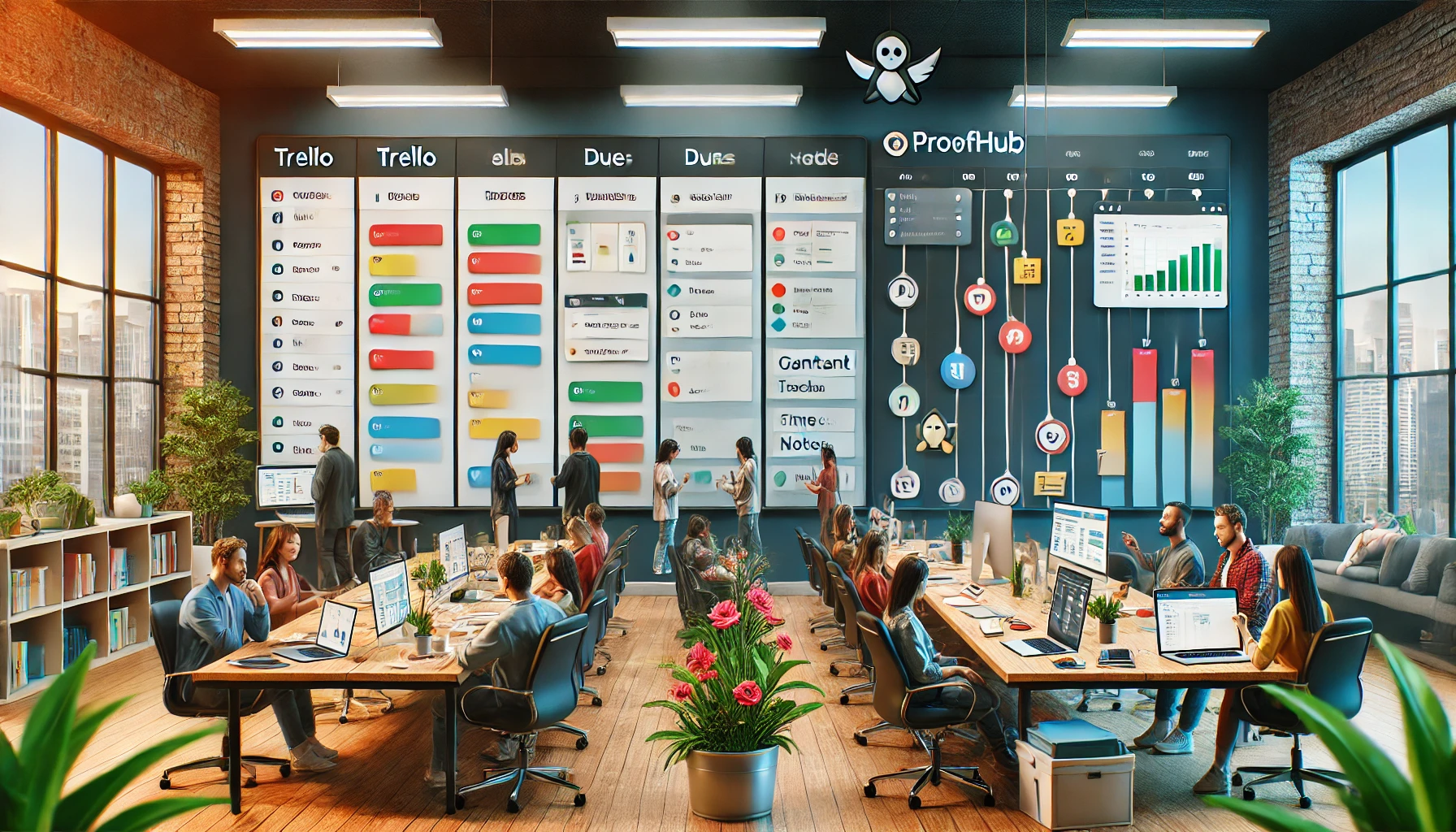  A wide image contrasting Trello and ProofHub interfaces in a modern office setting. The left side showcases Trello’s colorful kanban board with cards in lists, showing labels, due dates, and team icons. The right side presents ProofHub’s interface, featuring Gantt charts, calendar views, kanban boards, and time tracking. In the background, teams work together at desks with laptops, symbolizing efficient project management and collaboration.