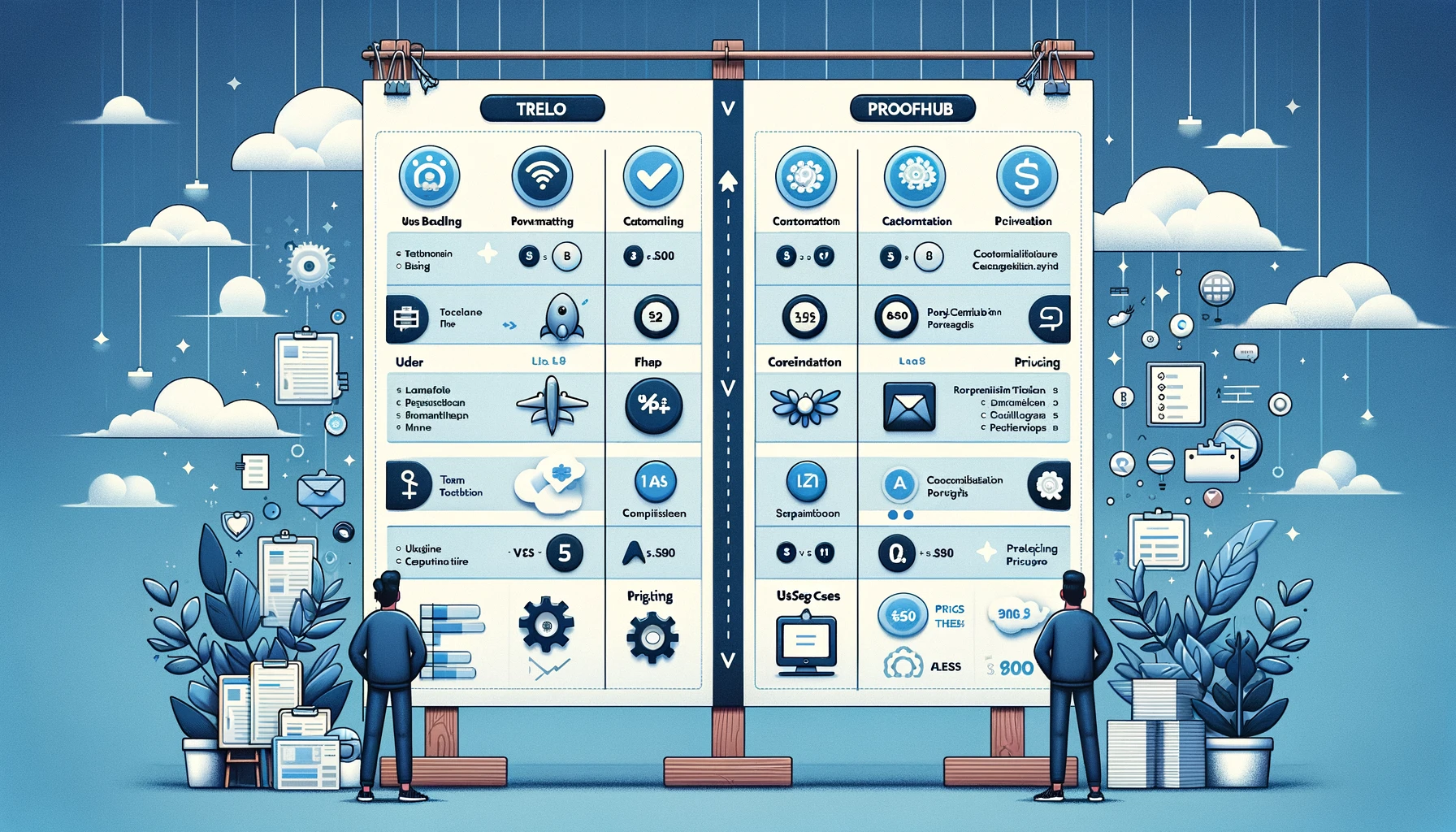 A wide comparison chart illustration providing an in-depth look at Trello and ProofHub, focusing on pricing, user experience, and use cases. The chart displays two columns with icons and descriptions comparing user interface, team collaboration tools, customization, pricing tiers, and project management styles. Trello’s strengths in Kanban-based organization and ProofHub’s comprehensive project management tools are highlighted. The background is clean with soft blue and gray tones, adding a professional, minimalist touch to the presentation.