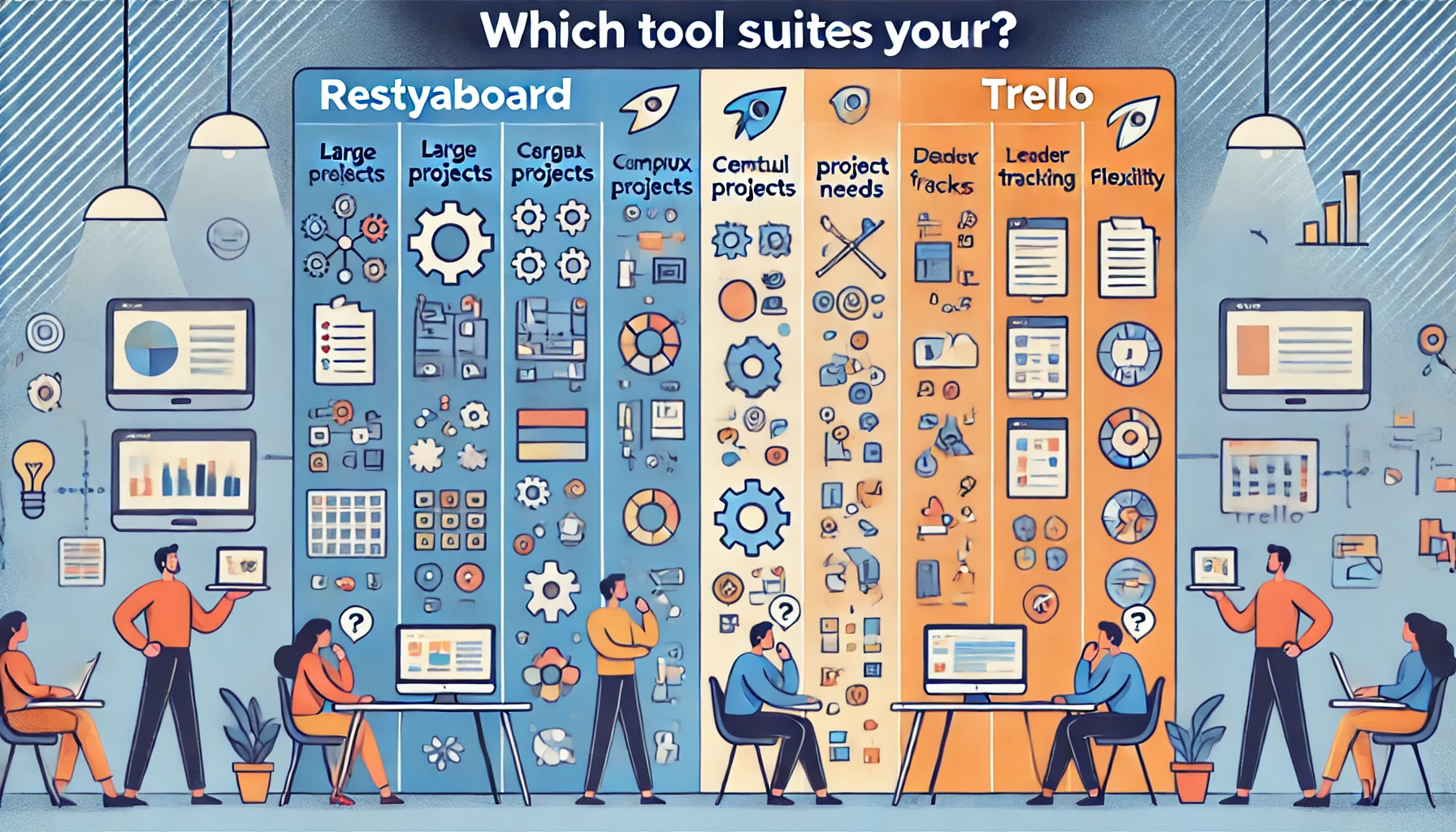 A visual comparison of ideal use cases for Restyaboard and Trello. Restyaboard, shown on the left, features icons for scenarios like complex workflows, large projects, and in-depth task tracking. Trello, on the right, includes icons representing simpler projects, flexibility, and user-friendly design. In the center, a person or team is depicted thoughtfully weighing each tool’s strengths for various project needs. Each side has its own color scheme, emphasizing the distinct focus areas and ideal applications for each platform.