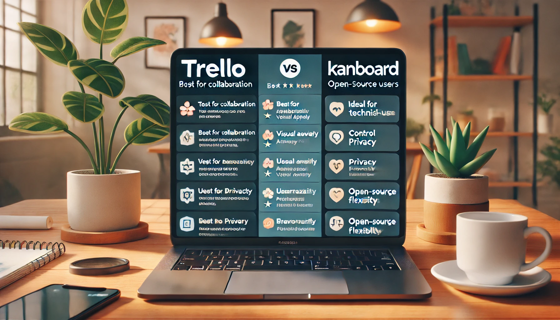 A side-by-side comparison of Trello and Kanboard on a desk setup, featuring decision-making tips for selecting the right tool. Trello’s interface on the left emphasizes strengths like team collaboration, visual appeal, and ease of use, with labels such as “Best for collaboration” and “User-friendly.” Kanboard’s interface on the right highlights benefits like control, privacy, and customization, with labels such as “Ideal for technical users” and “Open-source flexibility.” The workspace includes a laptop, coffee cup, and plant, with soft lighting and a blurred background to draw attention to the decision-making factors on each screen.