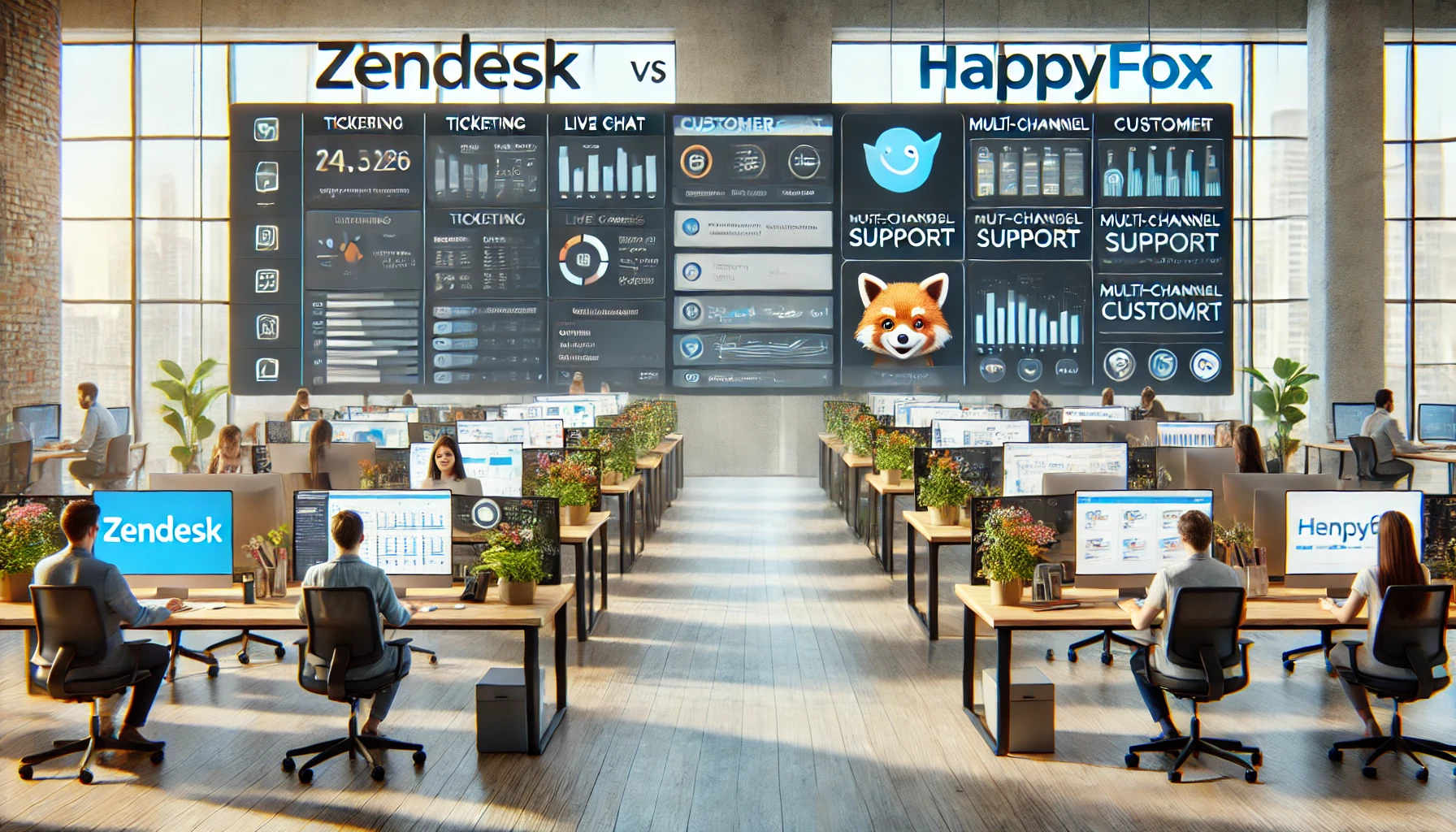 Wide image comparing Zendesk and HappyFox as CRM platforms for customer support. The Zendesk side shows a professional, organized interface with tools for ticketing, live chat, and analytics, aimed at efficient service. The HappyFox side presents a customizable, user-friendly interface with multi-channel support, task automation, and ticket management. Support teams on each side manage customer data, queries, and workflows in a modern office environment focused on high-quality, responsive customer support.