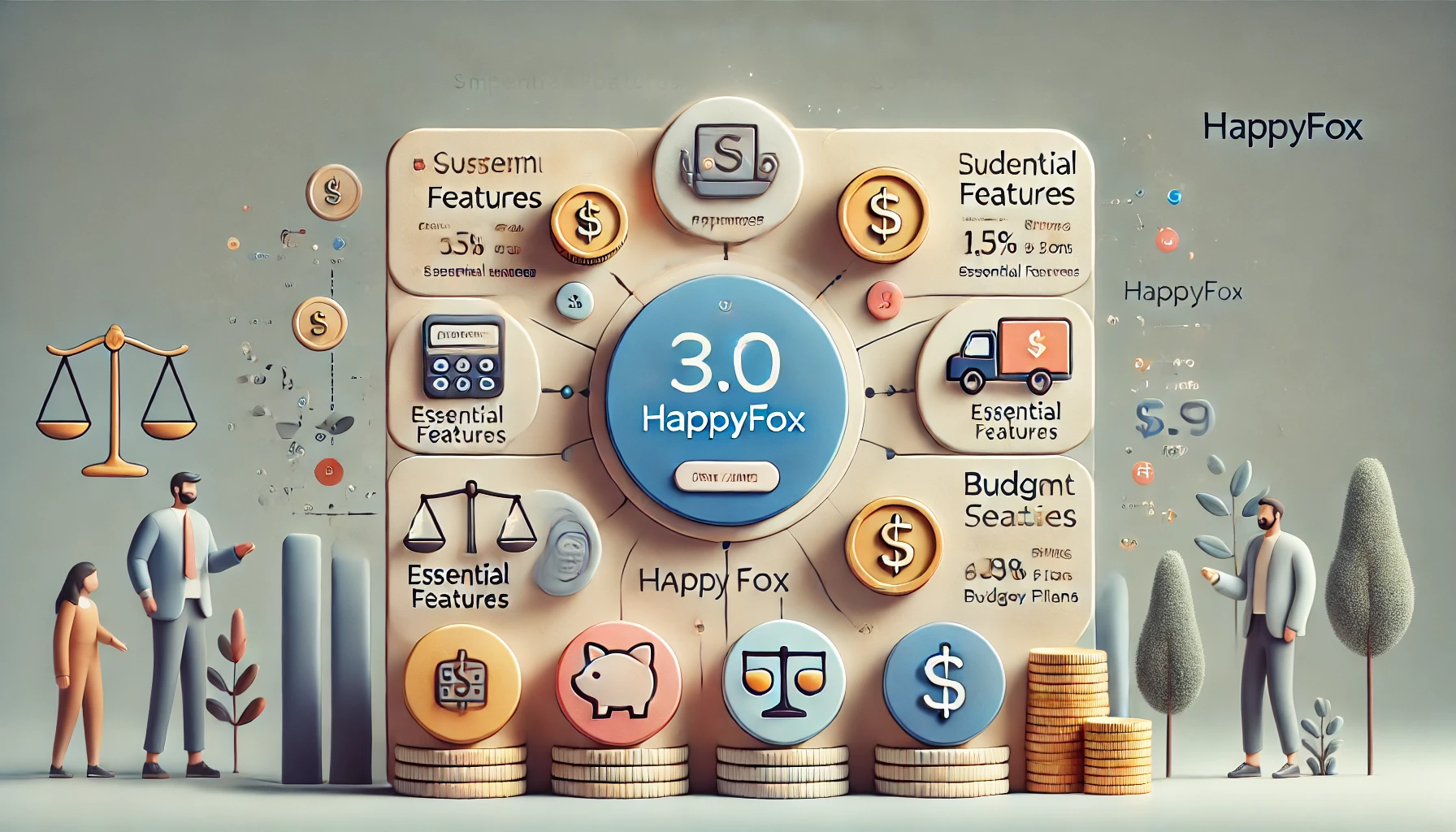 : A wide digital illustration showcasing HappyFox’s pricing structure. The layout includes icons for simplified pricing tiers, essential features, and budget-friendly plans, represented by coins, balance scales, and price tags. The background gradient emphasizes transparency, cost-effectiveness, and clarity in HappyFox’s pricing approach.