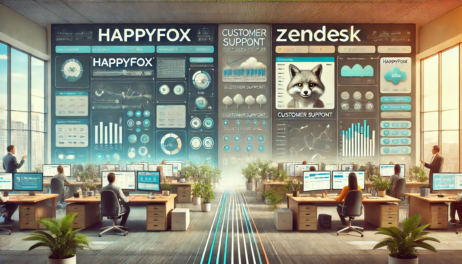 A wide image comparing the user experience and interface of HappyFox and Zendesk for customer support. The side-by-side dashboards labeled “HappyFox” and “Zendesk” highlight layout and navigation differences, with Zendesk’s interface in green, blue, and gray offering a structured, organized layout, while HappyFox’s uses warm tones of orange and gray with a user-friendly, intuitive design. Support agents engage with each platform in a modern office setting, illustrating the ease of use, visual flow, and streamlined workflows each system offers for customer support tasks.