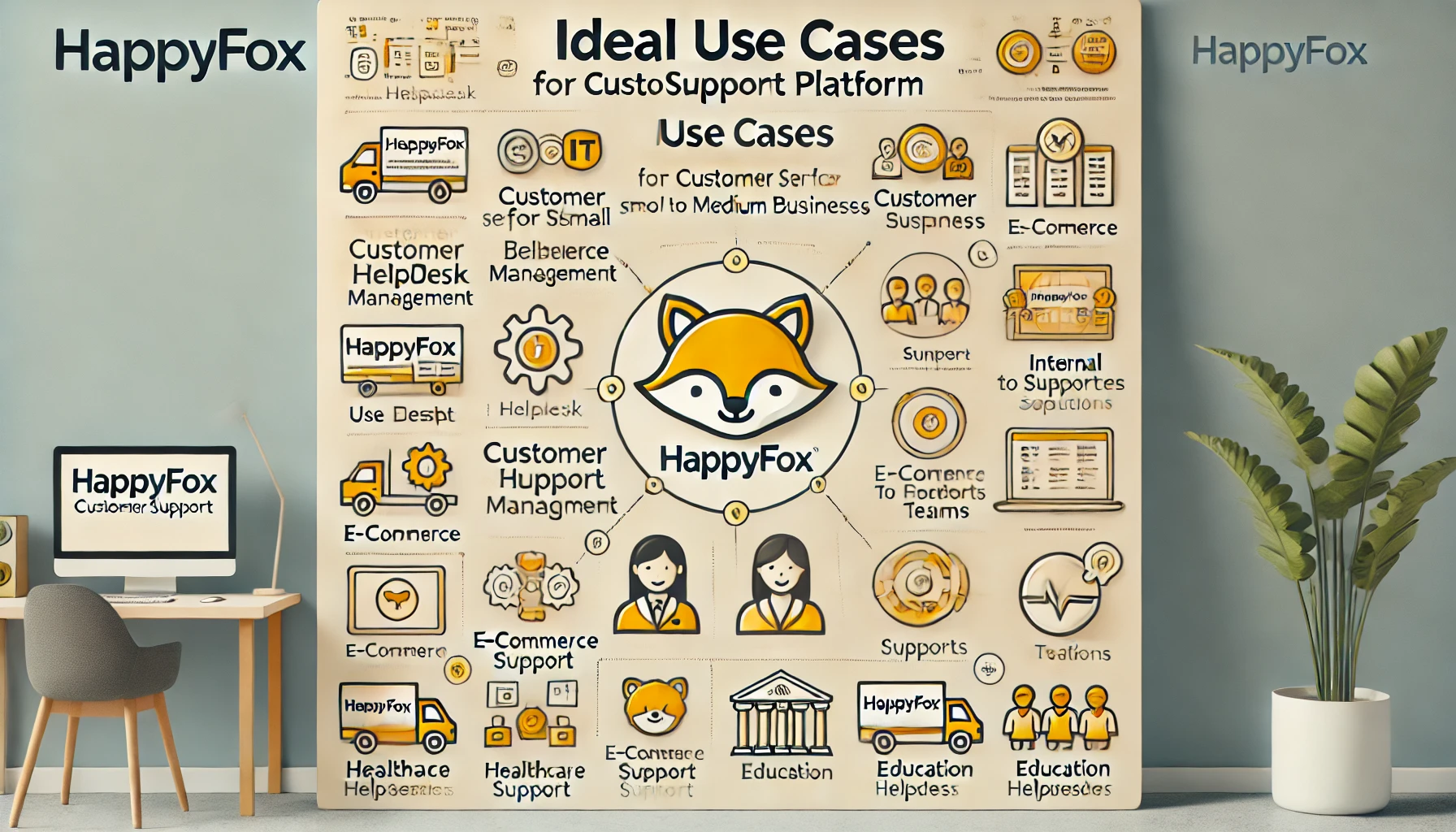  A wide image highlighting ideal use cases for HappyFox. The left side shows applications like IT helpdesk management, customer service for small to medium businesses, and internal support for teams. The right side emphasizes industry use cases, such as e-commerce support, healthcare assistance, and education helpdesk solutions. The background uses light yellow tones to represent HappyFox, with icons for IT, e-commerce, and customer service tools to illustrate its versatility across industries.