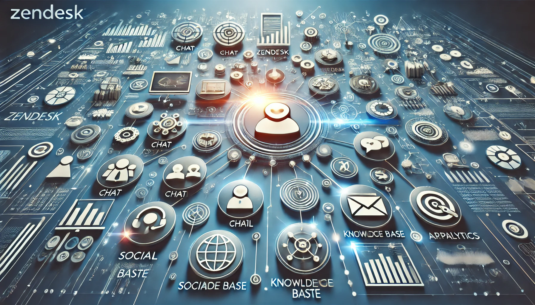 A wide image showcasing key features that contribute to Zendesk's power as a customer support platform. The design features icons representing chat, email, social media, knowledge base, and analytics, emphasizing its multi-channel capabilities. Bright lines interconnect the icons, symbolizing seamless integration. Additional icons highlight advanced tools like workflow automation, ticket management, and reporting, set against a clean, professional blue and white background that reflects Zendesk's comprehensive support system.