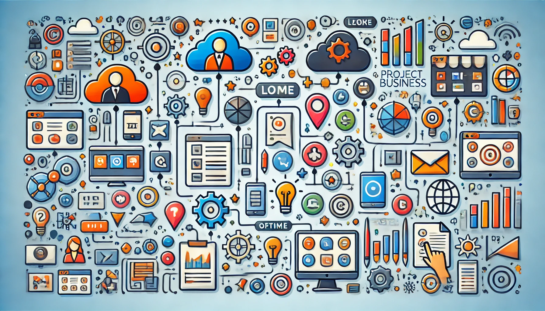 A wide, vibrant illustration showing interconnected, user-friendly digital tools optimized for small business teams. Icons represent project management, communication, and productivity tools, with clean lines and simple designs for seamless integration. Bright, modern colors and a cohesive layout highlight the tools' accessibility and ease of use, making workflows efficient for small teams.